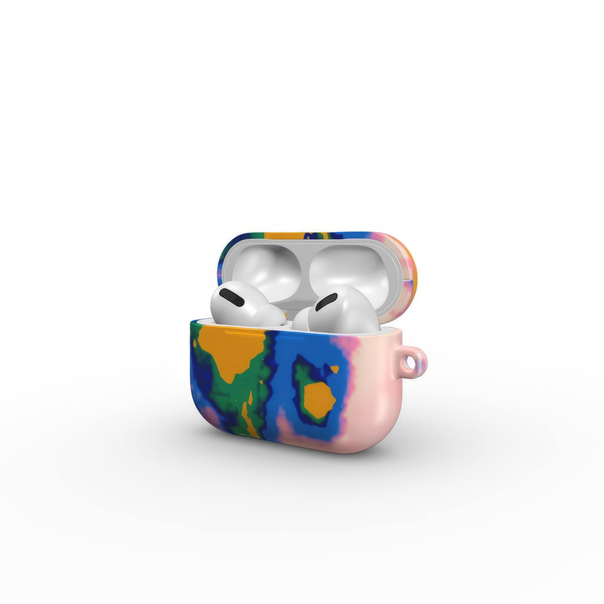 AirPods Pro case open side view; Electricity pattern, artistic, abstract marble pattern. Blue and orange color combination. 