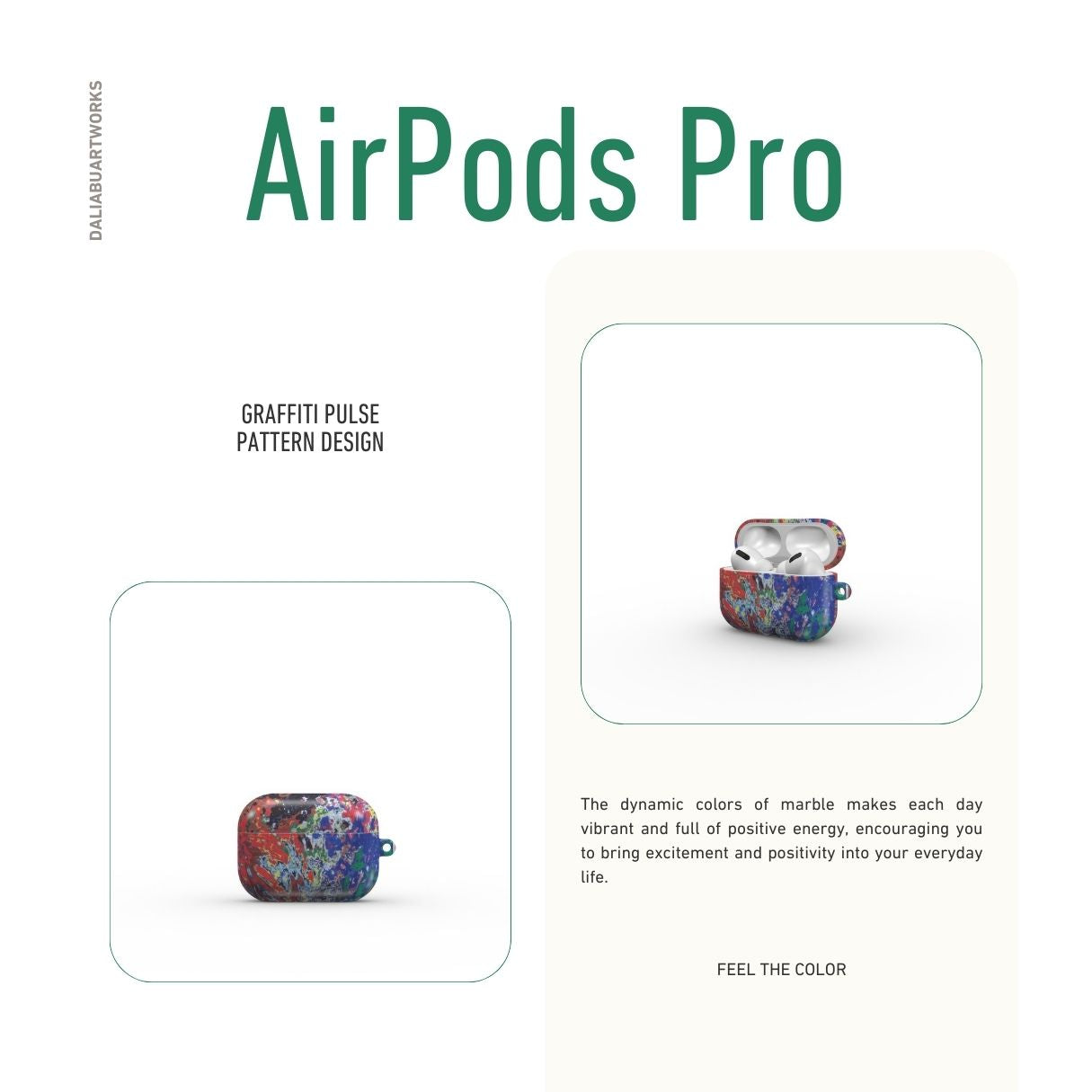 AirPods Pro case with a bold vivid pattern Graffiti Pulse abstract and artistic style, featuring an elegant and expressive aesthetic design. Main colors are red, blue, black and yellow. Description.