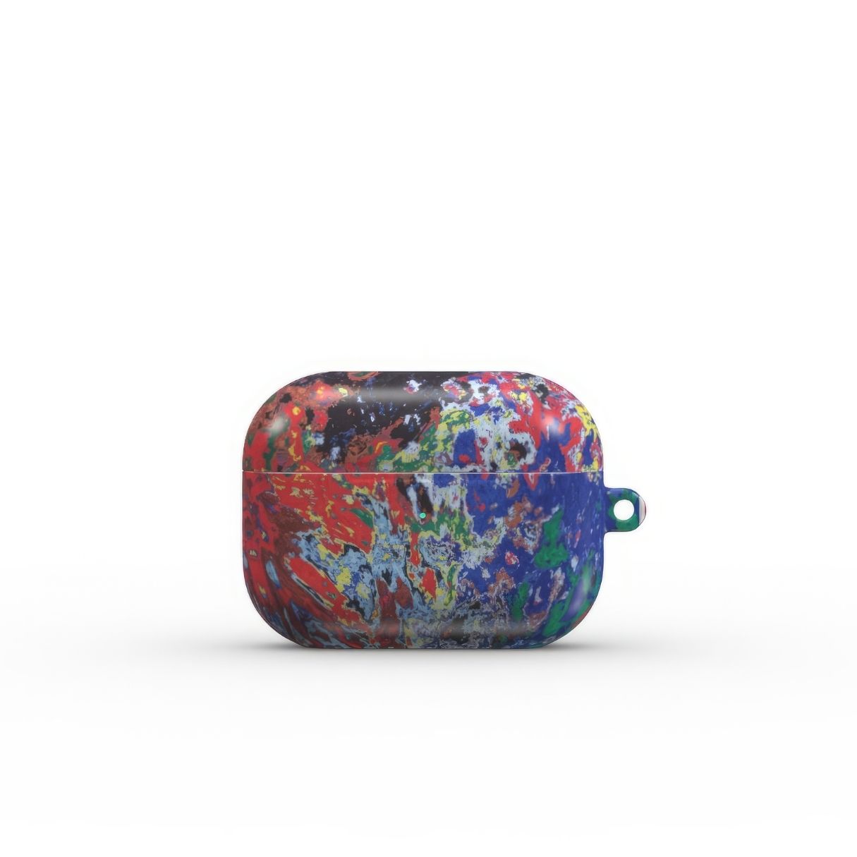 AirPods Pro case with a bold vivid pattern Graffiti Pulse abstract and artistic style, featuring an elegant and expressive aesthetic design. Main colors are red, blue, black and yellow. Front view.