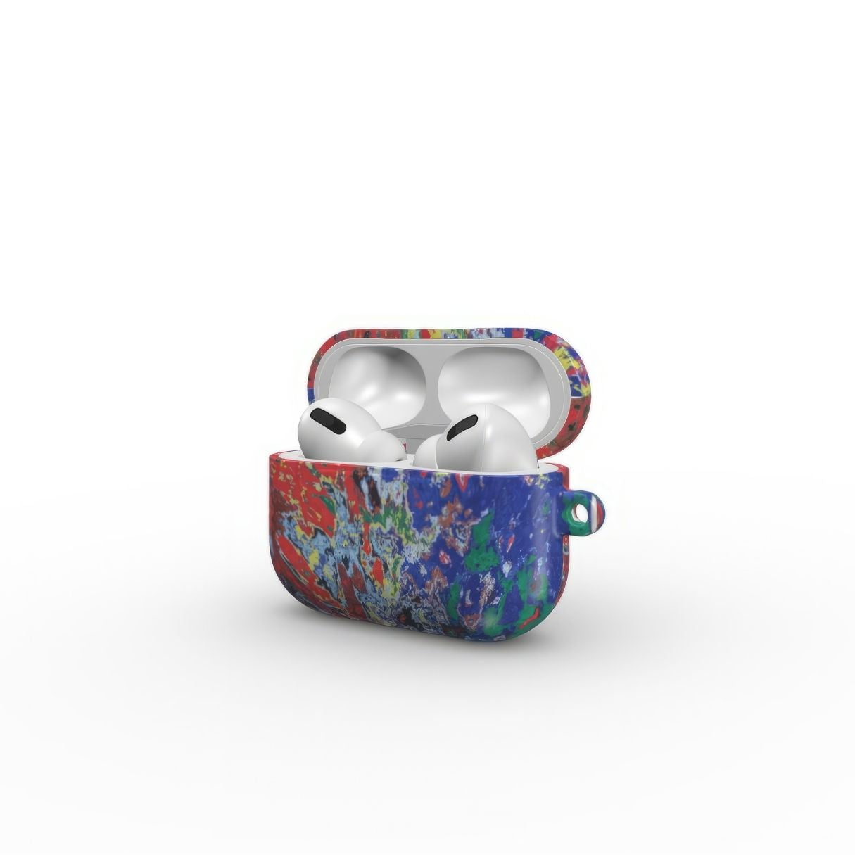 AirPods Pro case with a bold vivid pattern Graffiti Pulse abstract and artistic style, featuring an elegant and expressive aesthetic design. Main colors are red, blue, black and yellow. Side view.