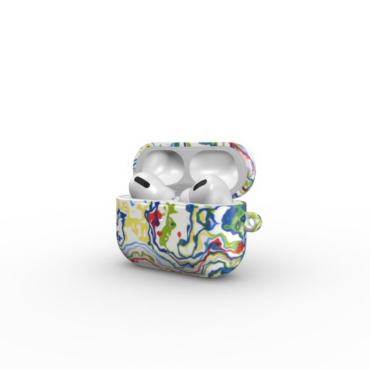 AirPods Pro tough case side open view; Inside My Brain pattern, artistic, abstract marble pattern. Mix color combination. Bold expressive aesthetic design. Colorful and interior fit. Elegant.