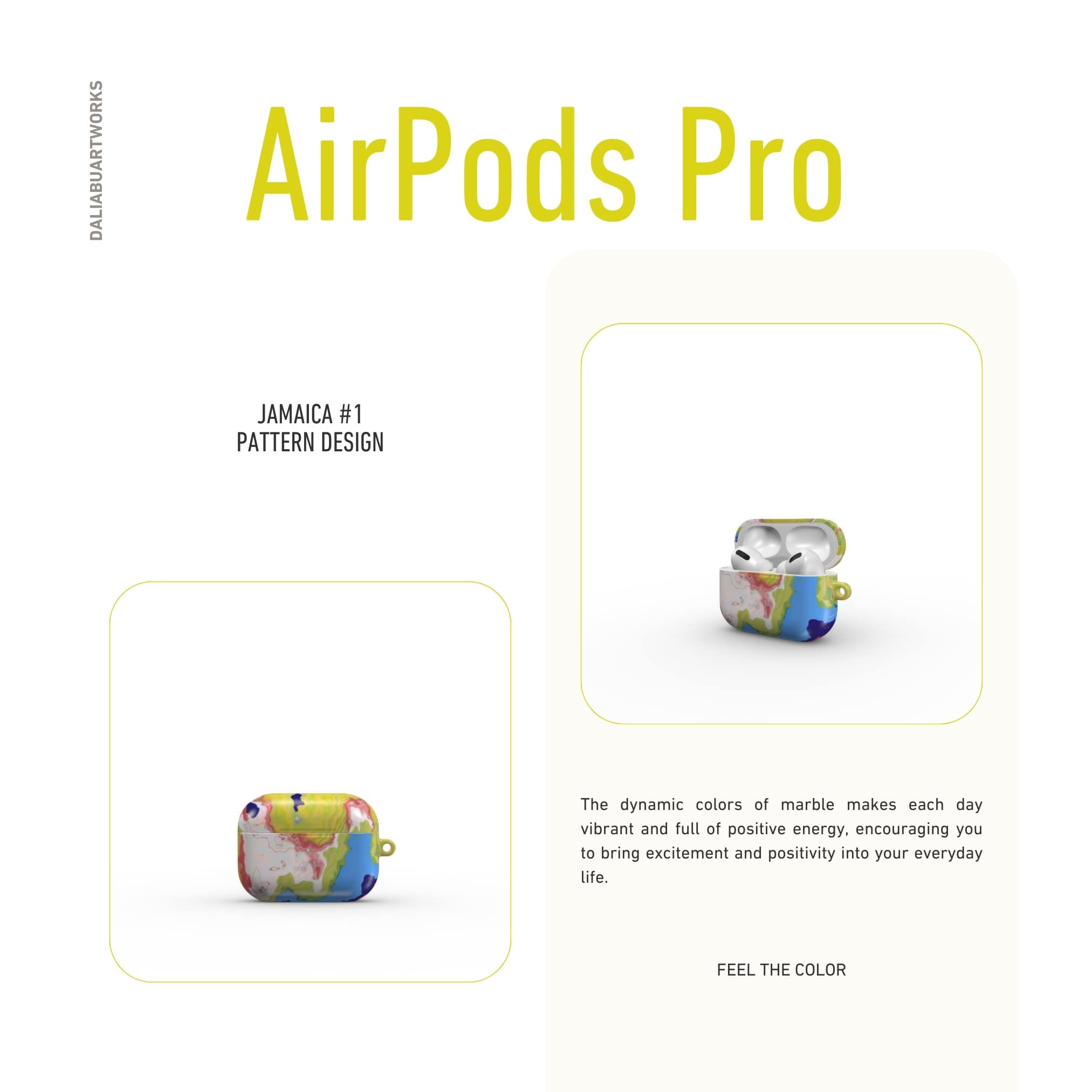 AirPods Pro tough case front view; Jamaica 1 pattern, artistic, abstract marble pattern. Dark blue, yellow and white color combination.