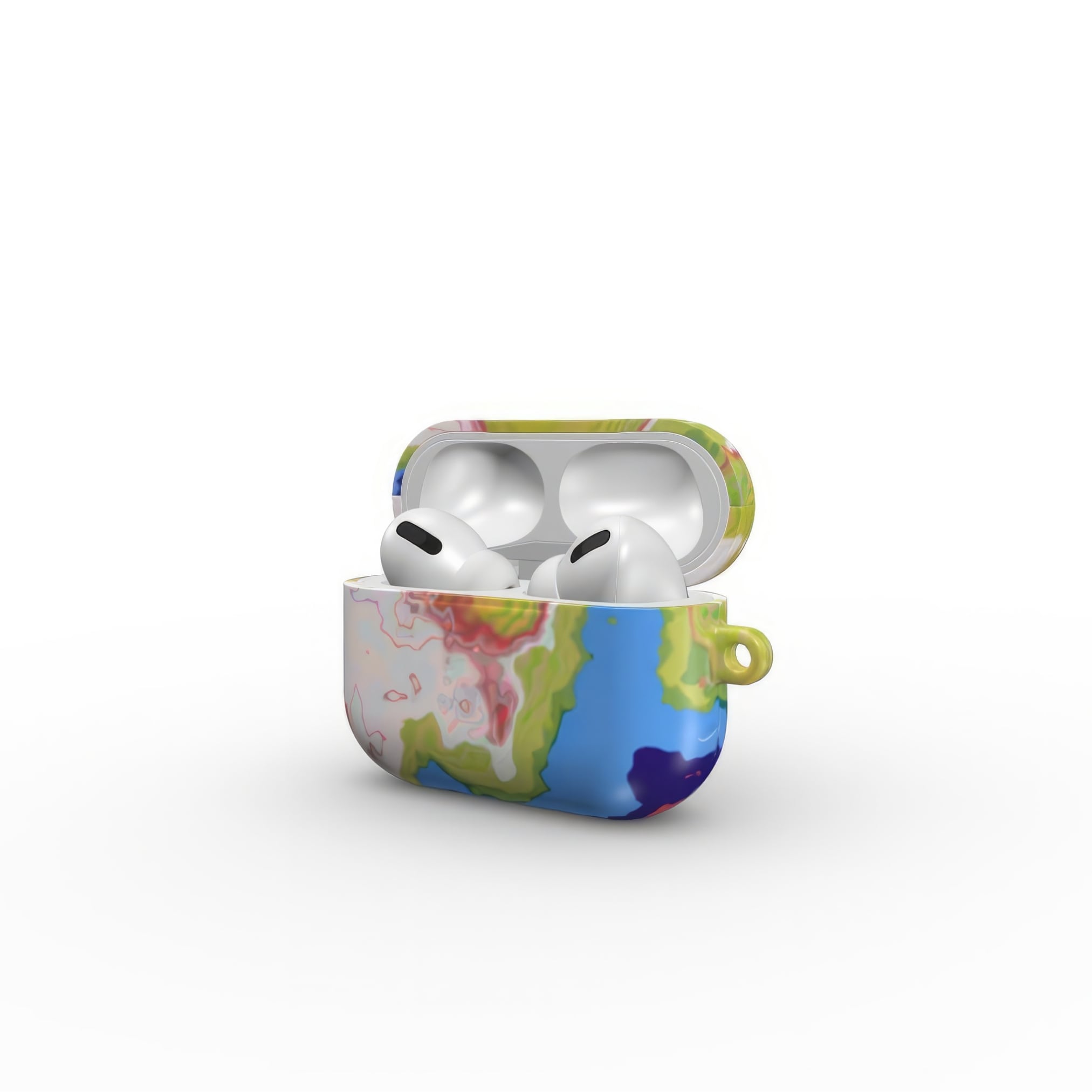 AirPods Pro tough case side open view; Jamaica 1 pattern, artistic, abstract marble pattern. Dark blue, yellow and white color combination.