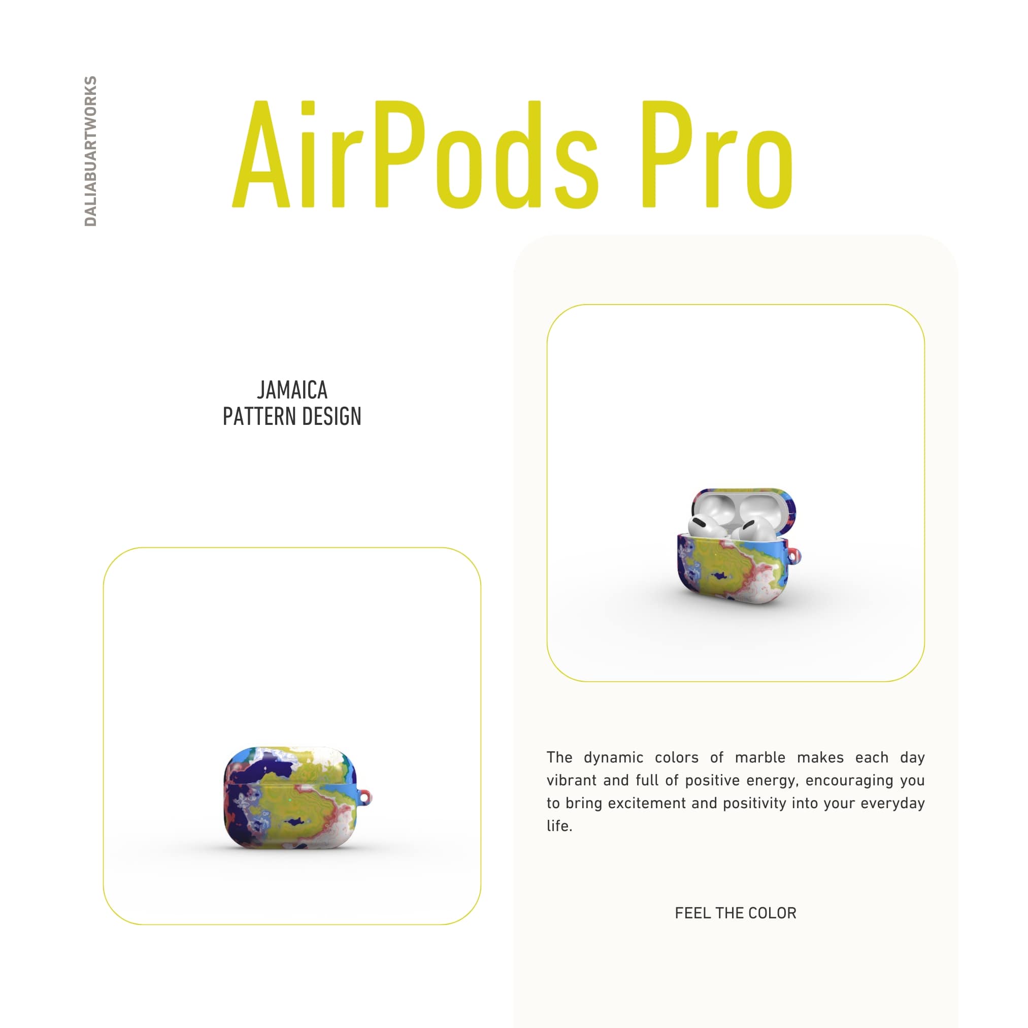 AirPods Pro tough case front view; Jamaica pattern, artistic, abstract marble pattern. Dark blue, yellow and white color combination. Bold expressive aesthetic design. Colorful and interior fit.