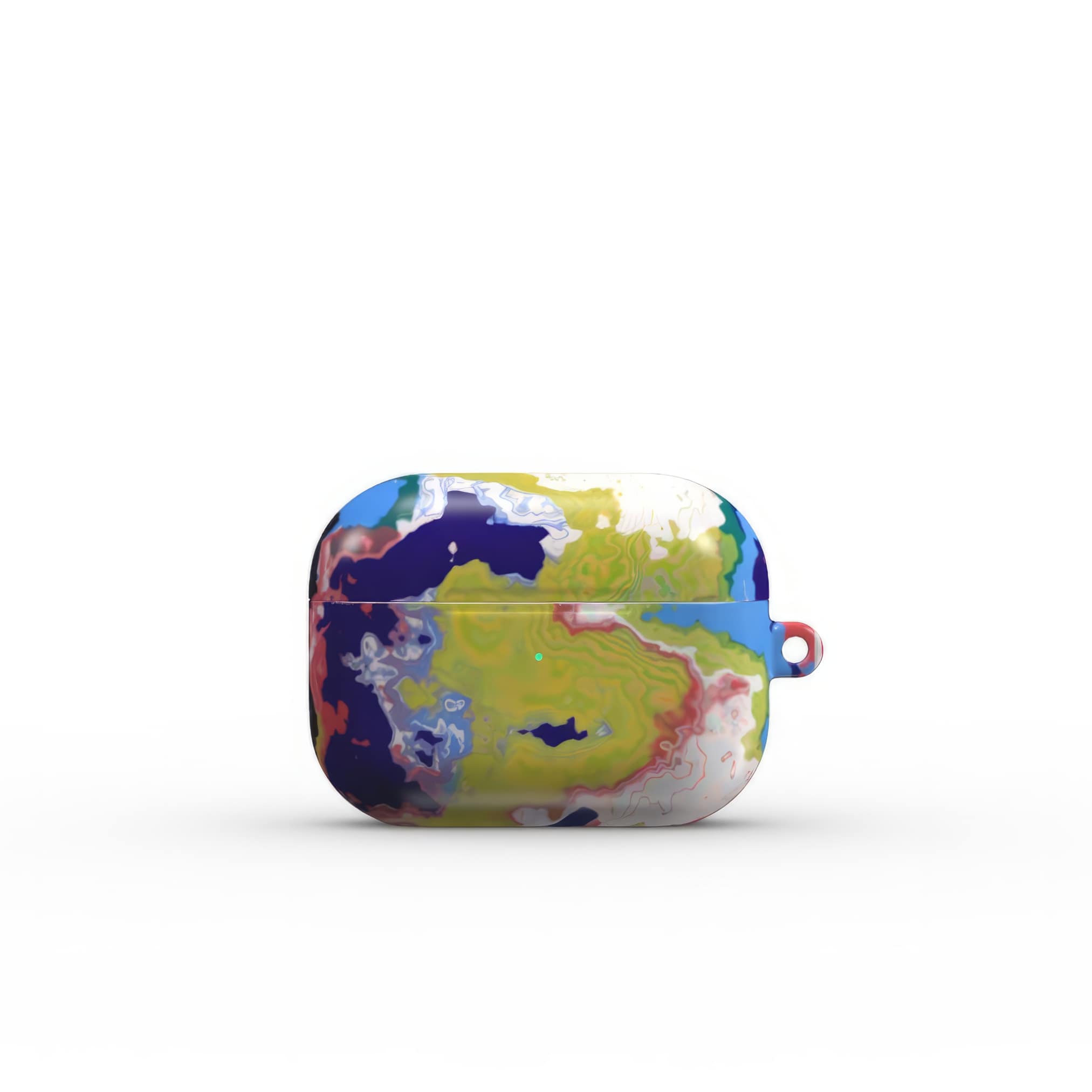 AirPods Pro tough case front view; Jamaica pattern, artistic, abstract marble pattern. Dark blue, yellow and white color combination. Bold expressive aesthetic design. Colorful and interior fit.