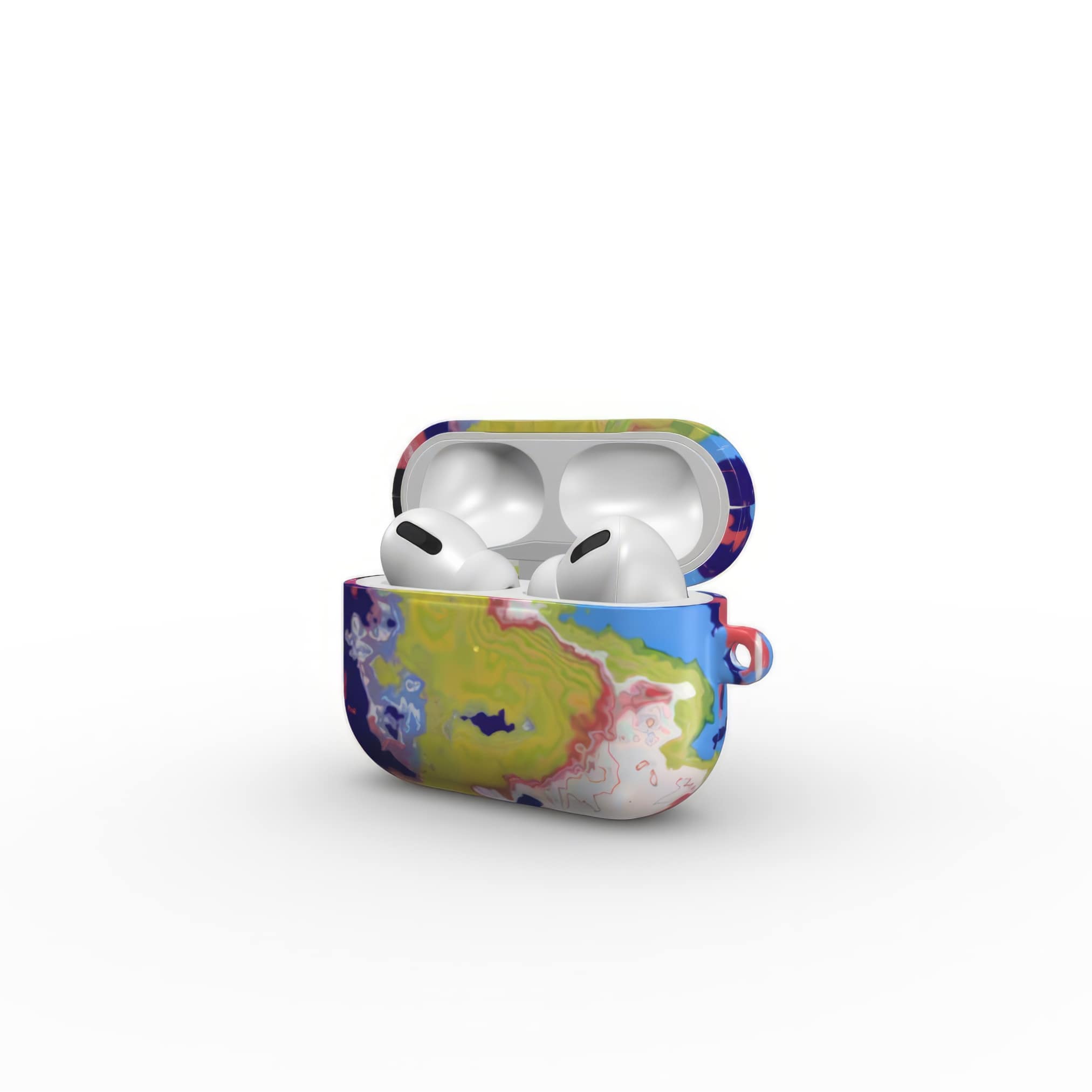AirPods Pro tough case side view; Jamaica pattern, artistic, abstract marble pattern. Dark blue, yellow and white color combination. Bold expressive aesthetic design. Colorful and interior fit.