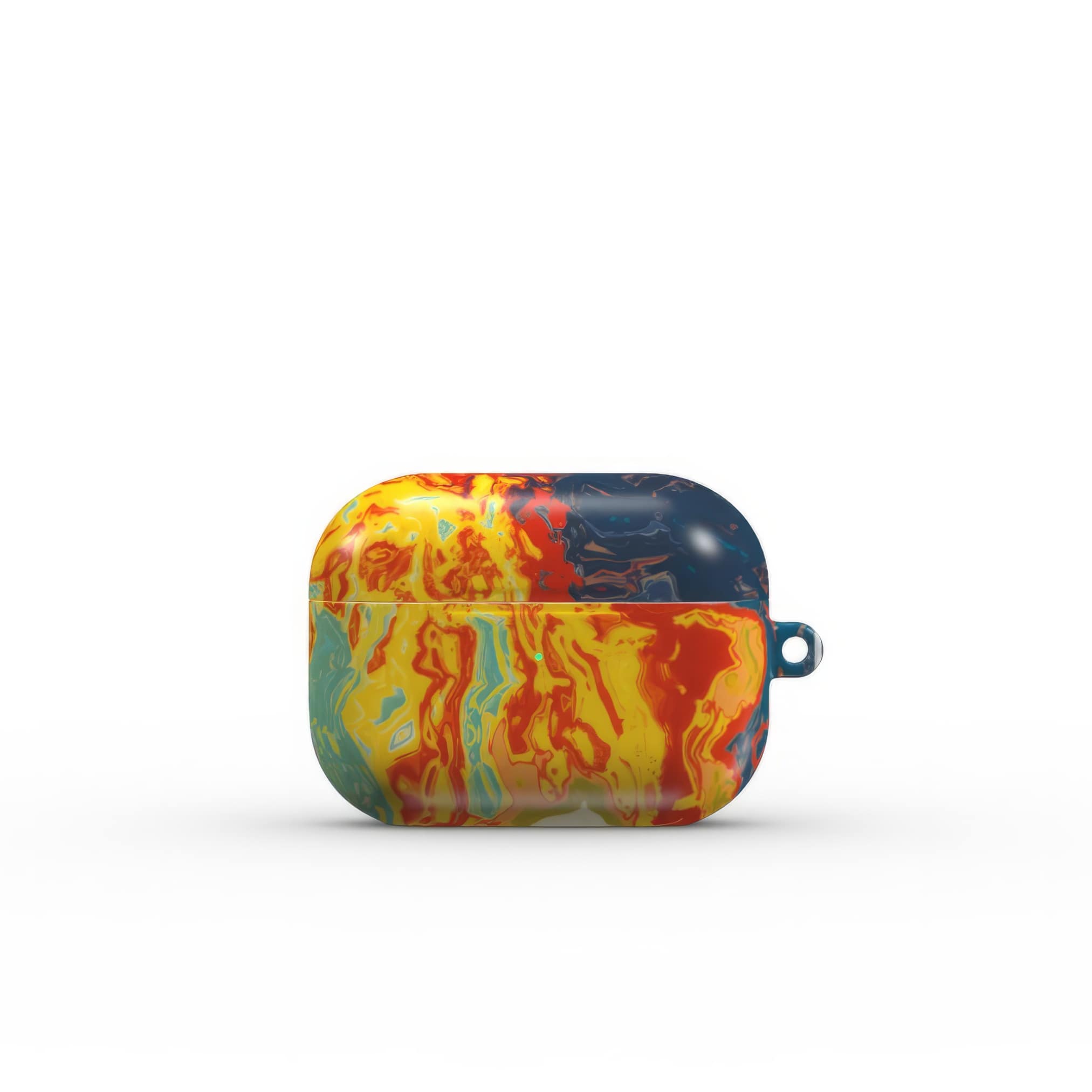 AirPods Pro tough case with a bold vivid pattern in marble abstract and artistic style, featuring an elegant and expressive aesthetic design. Main colors are navy deep blue, rich yellow, red and marine blue. Front view.