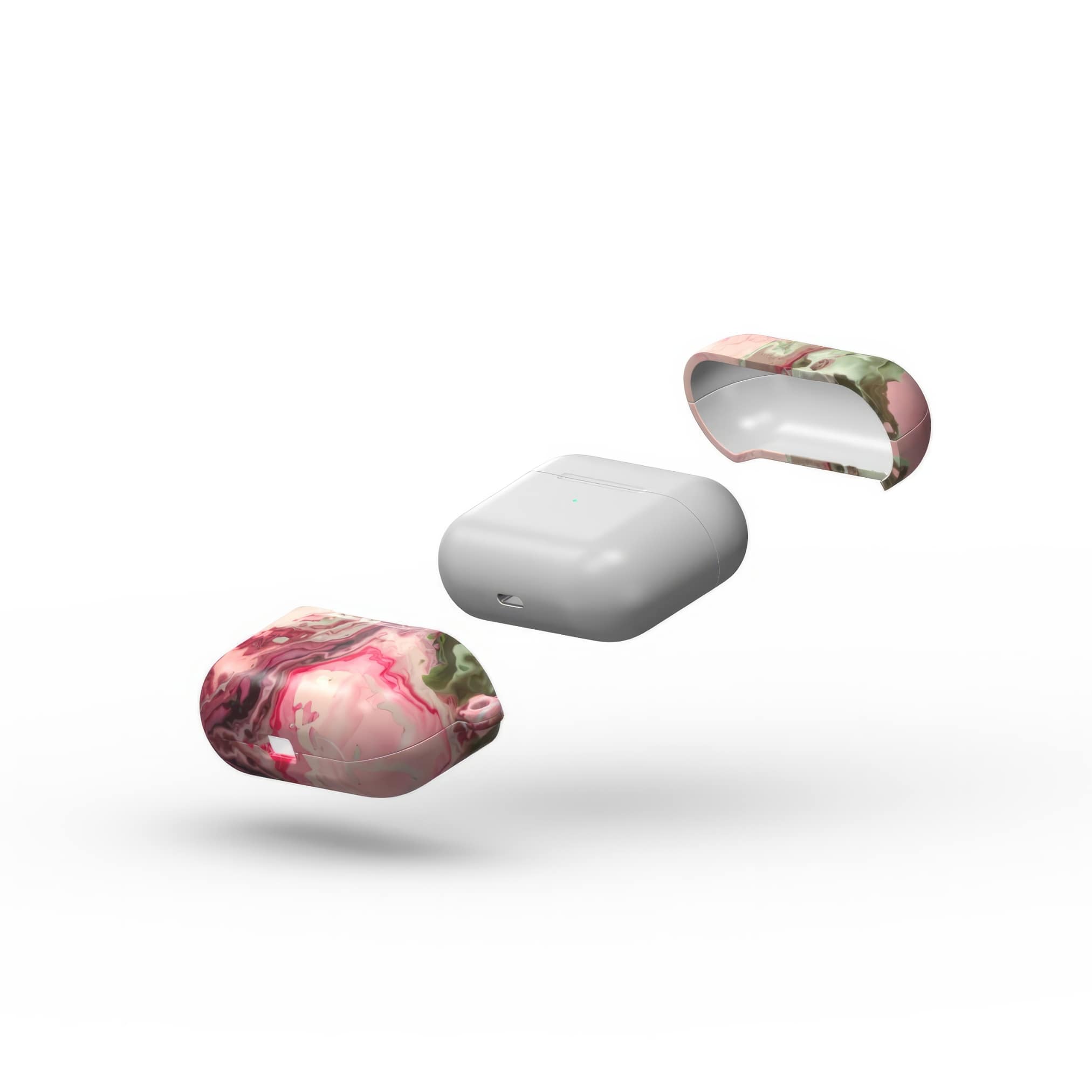 AirPods Pro tough case extend view; Like Flamingo pattern, artistic, abstract marble pattern. Pink and green color combination. Bold expressive aesthetic design. Colorful and interior fit. Elegant.