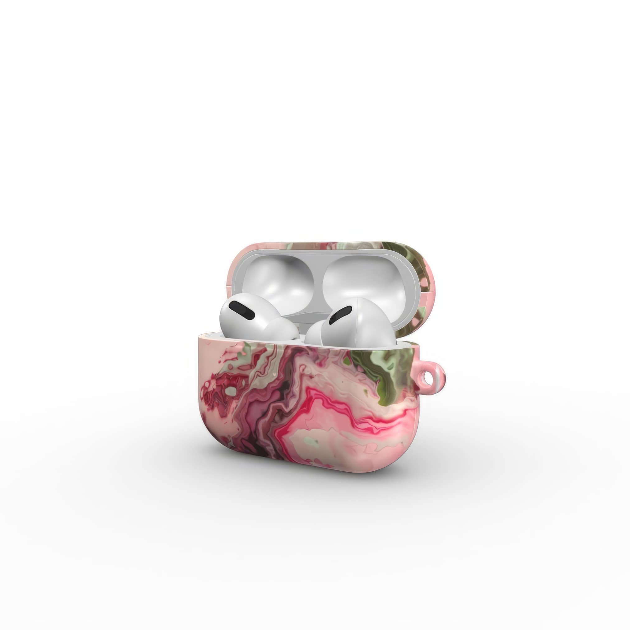 AirPods Pro tough case side view; Like Flamingo pattern, artistic, abstract marble pattern. Pink and green color combination. Bold expressive aesthetic design. Colorful and interior fit. Elegant.
