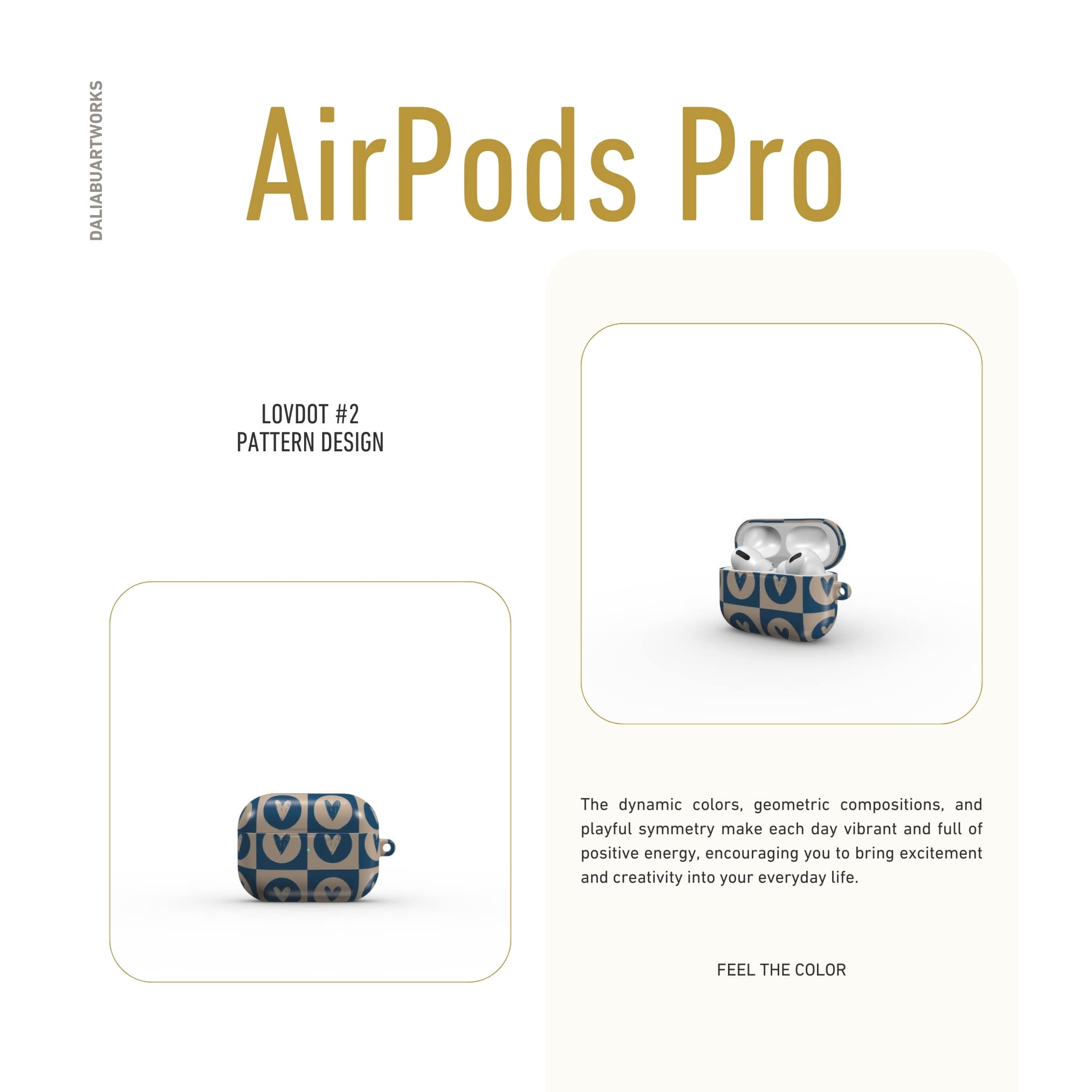 AirPods Pro case LovDot Blue pattern design with a dynamic geometric symmetry in heart and dot style, featuring an elegant and expressive aesthetic design. Main colors are steel blue and light brown. Front view.