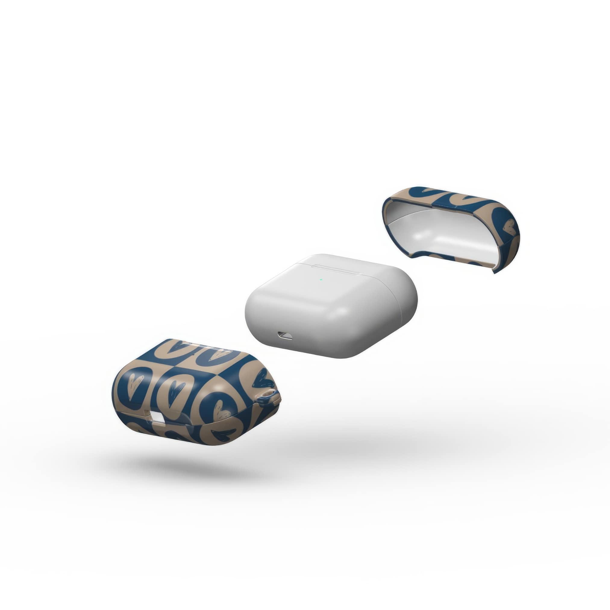 AirPods Pro case LovDot Blue pattern design with a dynamic geometric symmetry in heart and dot style, featuring an elegant and expressive aesthetic design. Main colors are steel blue and light brown. Extend view.