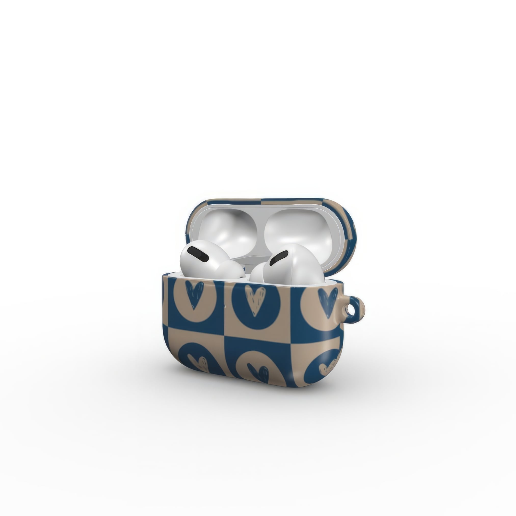 AirPods Pro case LovDot Blue pattern design with a dynamic geometric symmetry in heart and dot style, featuring an elegant and expressive aesthetic design. Main colors are steel blue and light brown. Side open view.