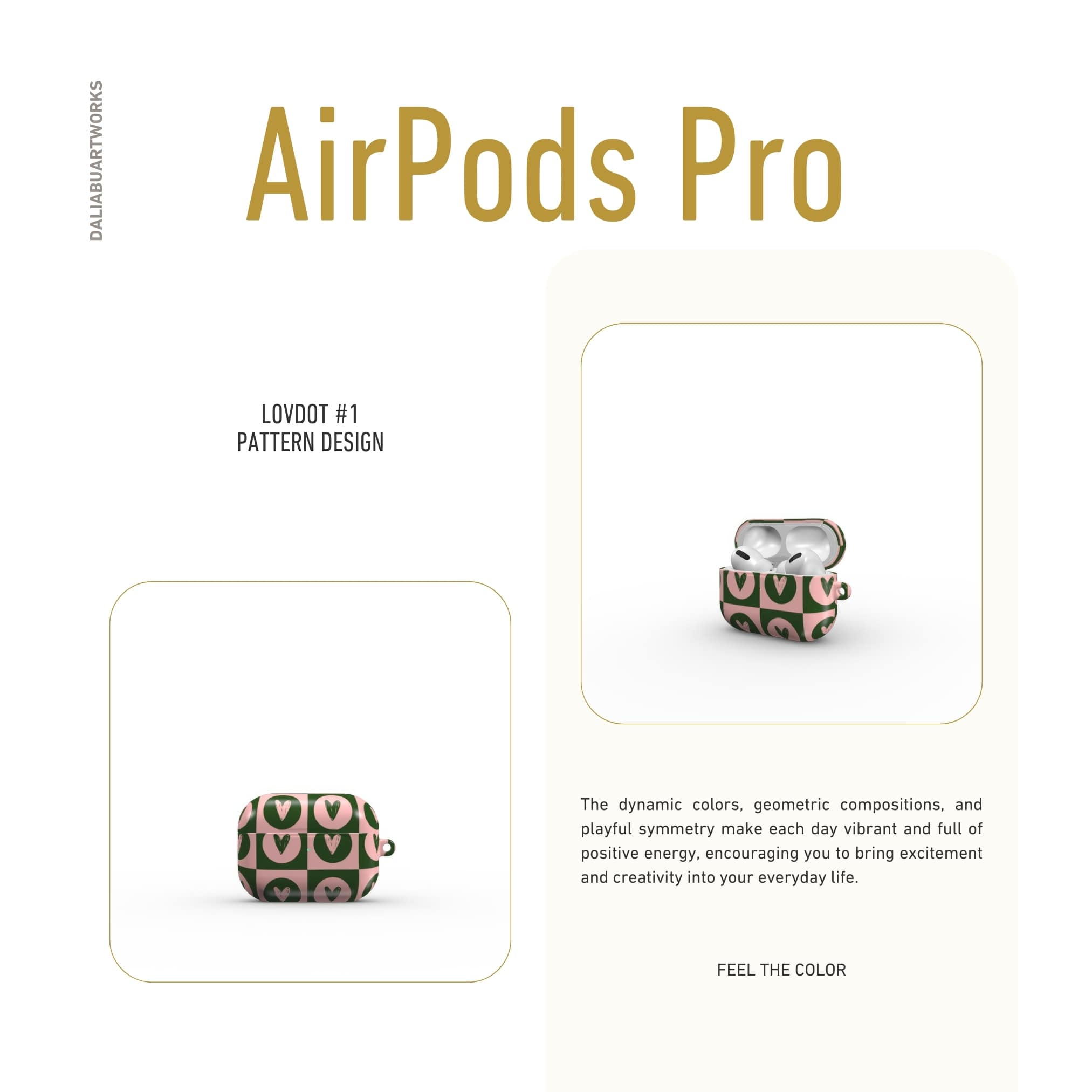 AirPods Pro case LovDot Vintage Rose pattern design with a dynamic geometric symmetry in heart and dot style, featuring an elegant and expressive aesthetic design. Main colors are vintage pink and green.  Front view.