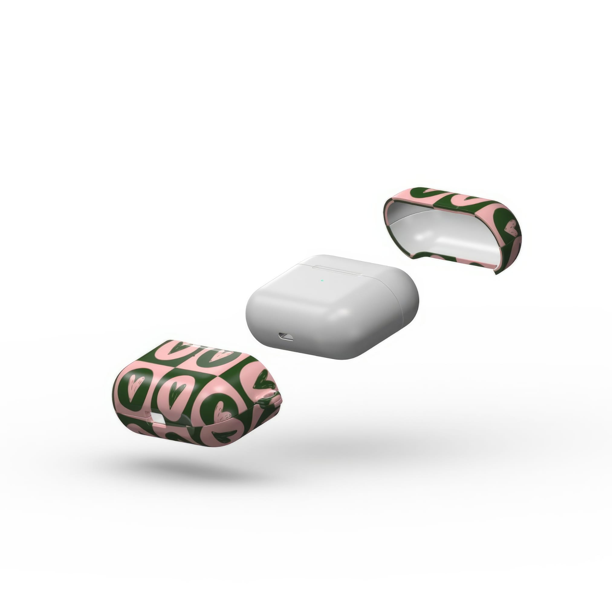 AirPods Pro case LovDot Vintage Rose pattern design with a dynamic geometric symmetry in heart and dot style, featuring an elegant and expressive aesthetic design. Main colors are vintage pink and green. Extend view.