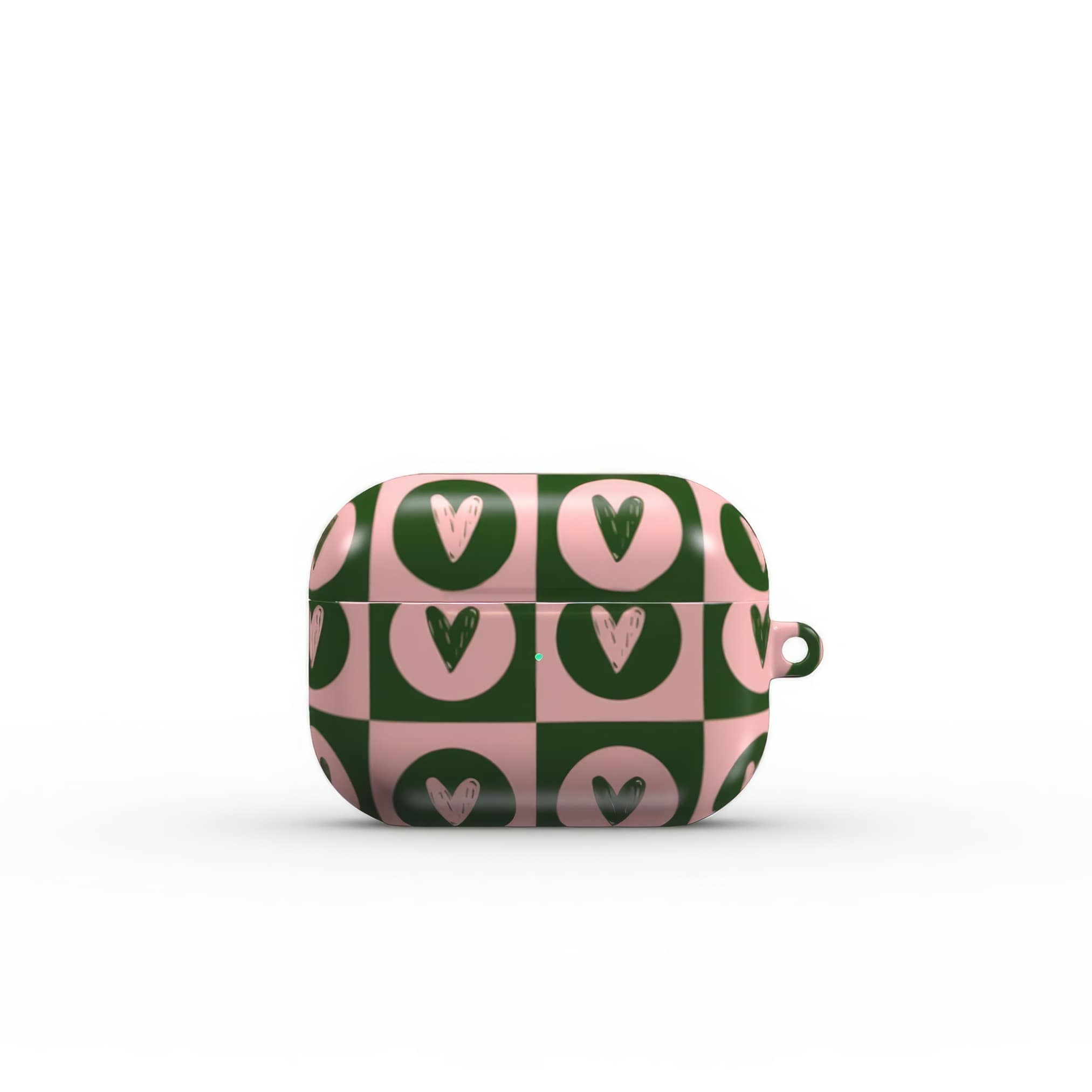 AirPods Pro case LovDot Vintage Rose pattern design with a dynamic geometric symmetry in heart and dot style, featuring an elegant and expressive aesthetic design. Main colors are vintage pink and green. Front closed view.