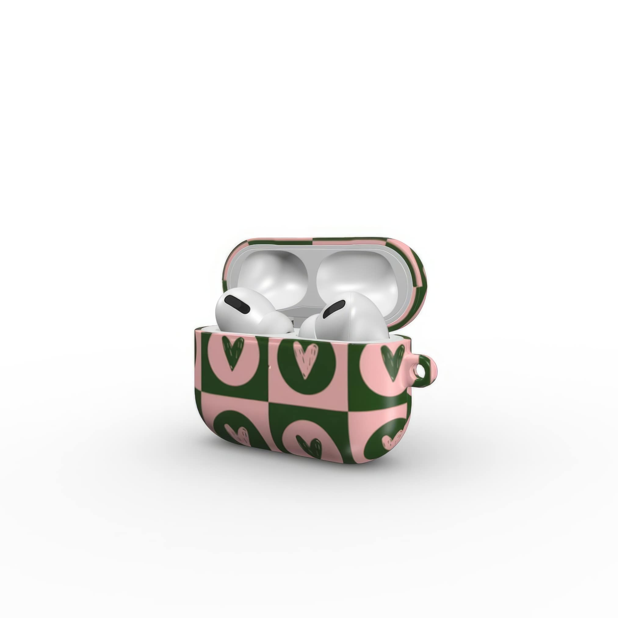AirPods Pro case LovDot Vintage Rose pattern design with a dynamic geometric symmetry in heart and dot style, featuring an elegant and expressive aesthetic design. Main colors are vintage pink and green. Side open view.