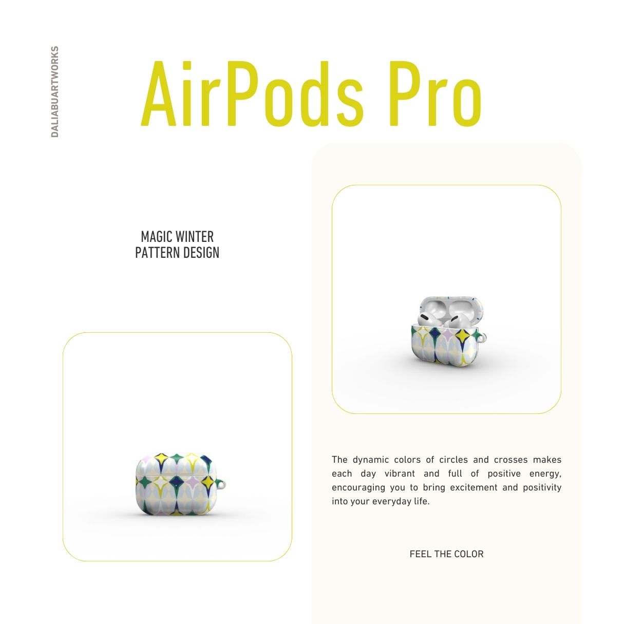 AirPods Pro case Magic Winter pattern design with a dynamic geometric symmetry in geometric style, featuring an elegant and expressive aesthetic design. Main colors are divine blue, yellow, green and deep blue. Description.
