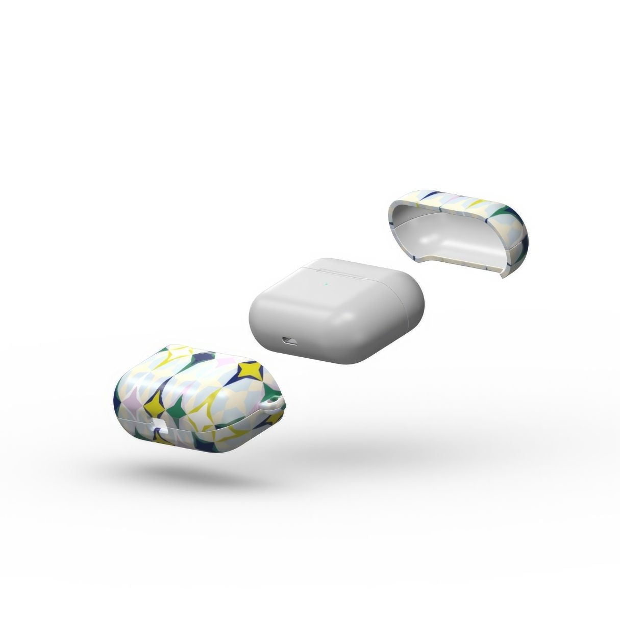 AirPods Pro case Magic Winter pattern design with a dynamic geometric symmetry in geometric style, featuring an elegant and expressive aesthetic design. Main colors are divine blue, yellow, green and deep blue. Extend view.