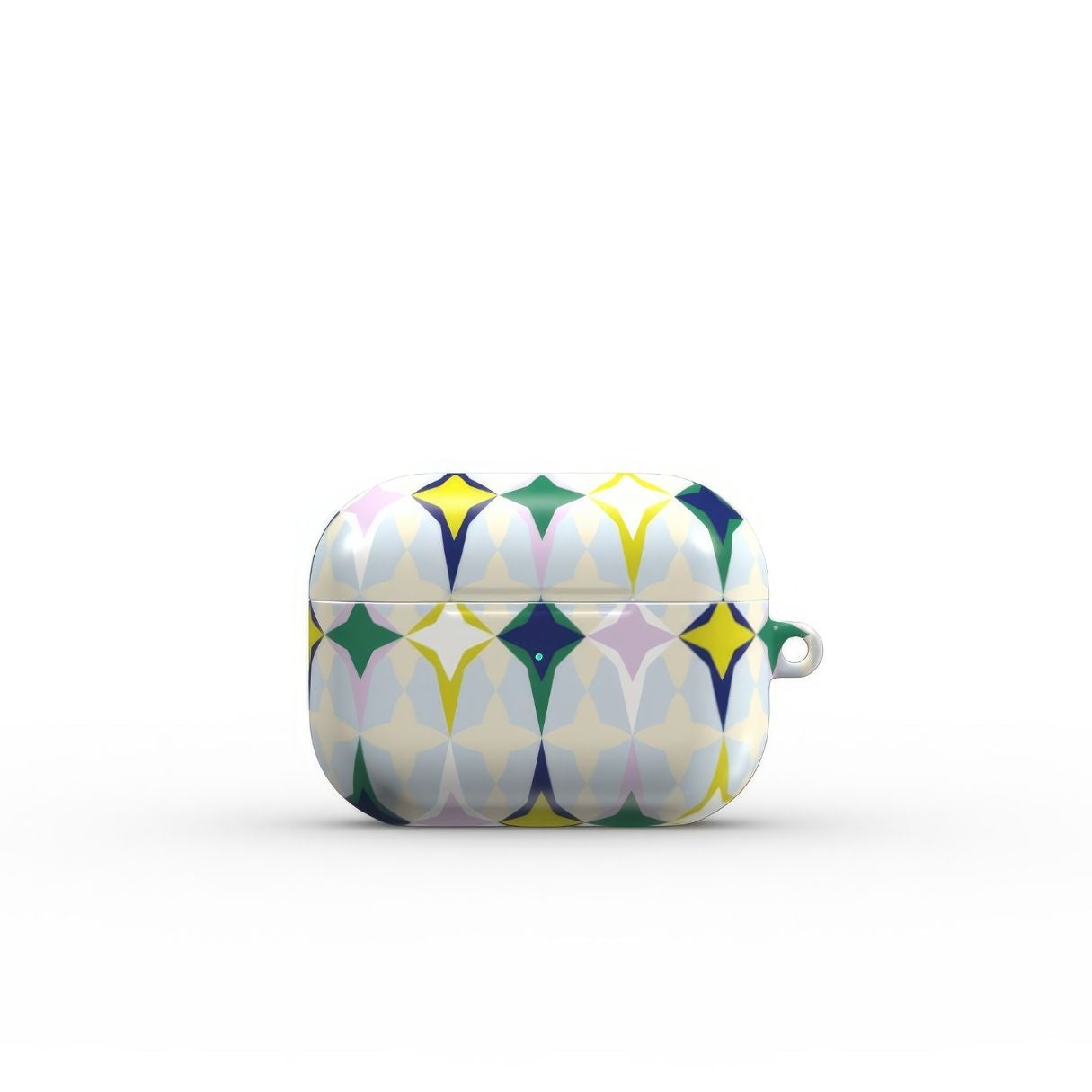 AirPods Pro case Magic Winter pattern design with a dynamic geometric symmetry in geometric style, featuring an elegant and expressive aesthetic design. Main colors are divine blue, yellow, green and deep blue. Front view.