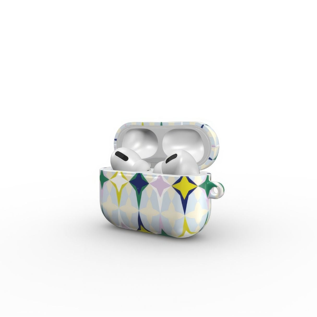 AirPods Pro case Magic Winter pattern design with a dynamic geometric symmetry in geometric style, featuring an elegant and expressive aesthetic design. Main colors are divine blue, yellow, green and deep blue. Side open view.
