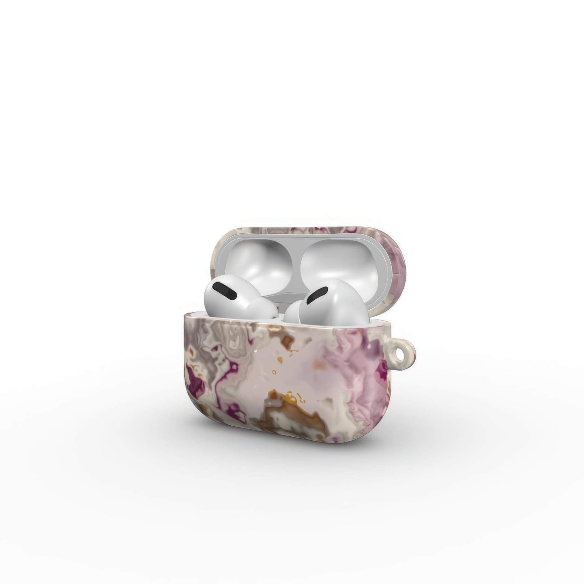 AirPods Pro tough case side open view; Marshmallow 1 pattern, artistic, abstract marble pattern. Pink and beige color combination.