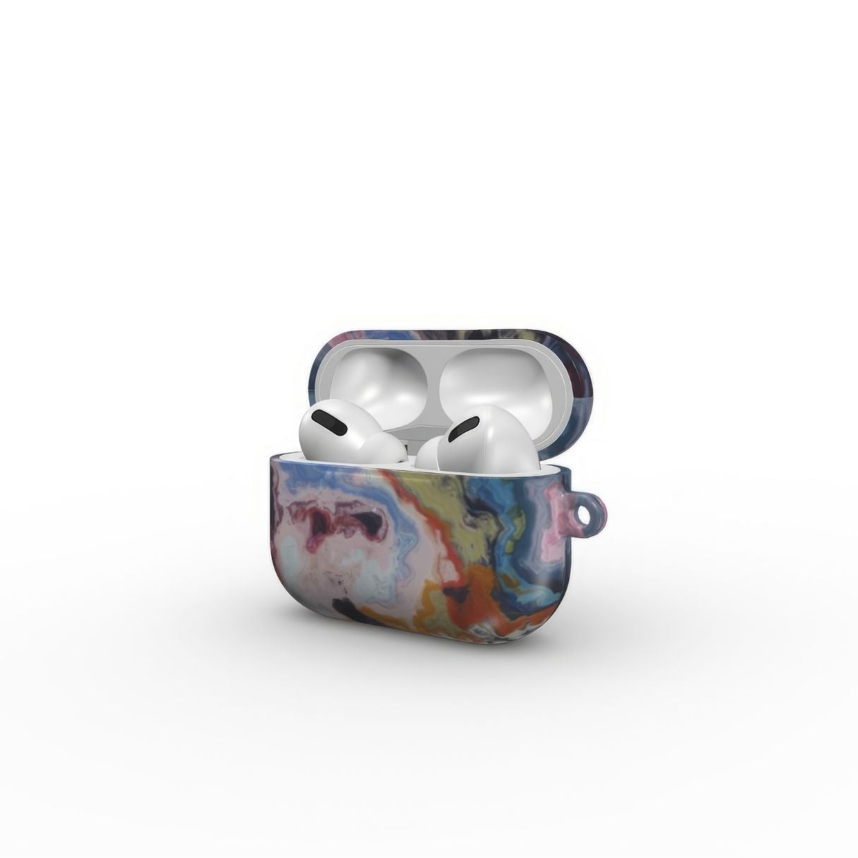AirPods Pro tough case side open view; Molten Berries pattern, artistic, abstract marble pattern. Deep. purple color. Bold expressive aesthetic design. Colorful and interior fit. Elegant.