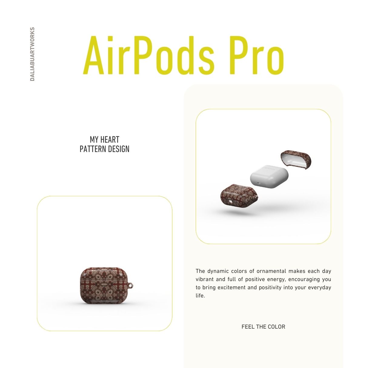 Valentine's edition design. AirPods Pro Case My Heart pattern with ornamental design, featuring an elegant and expressive aesthetic shape. Main color is deep red. Description.