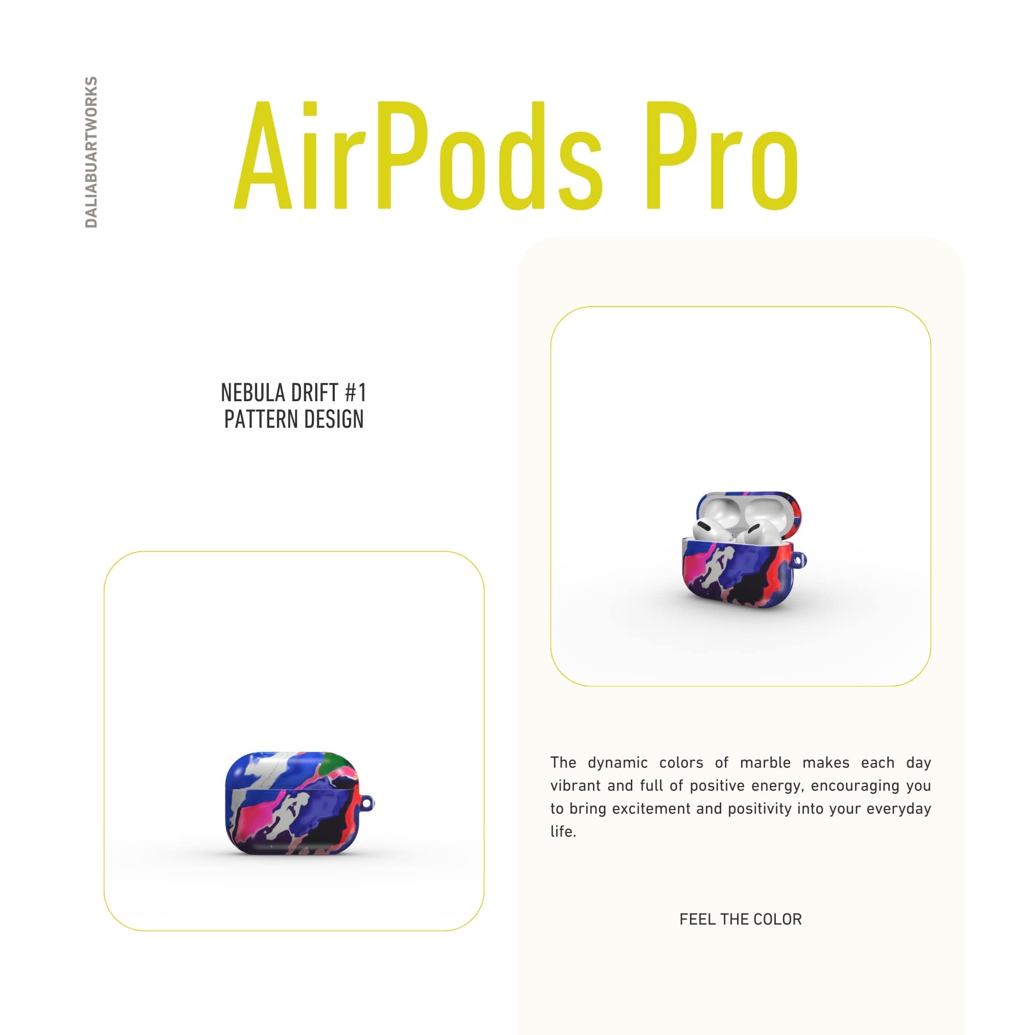 AirPods Pro tough case description; Nebula Drift 1 pattern, artistic, abstract marble pattern. Blue and purple color combination. Bold expressive aesthetic design. Colorful and interior fit. Elegant.