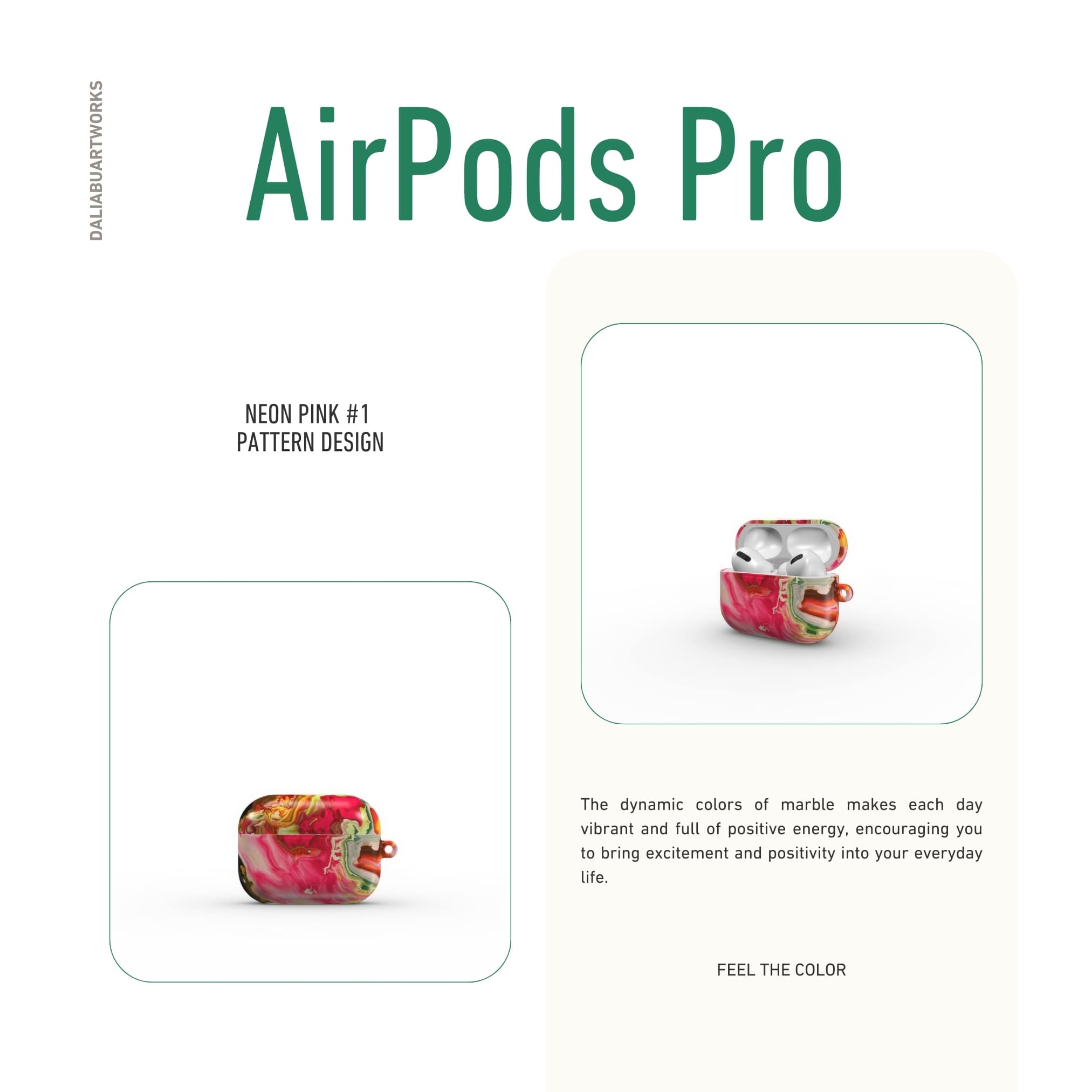 AirPods Pro tough case front view; Neon Pink pattern, artistic, abstract marble pattern. Pink and green color combination.