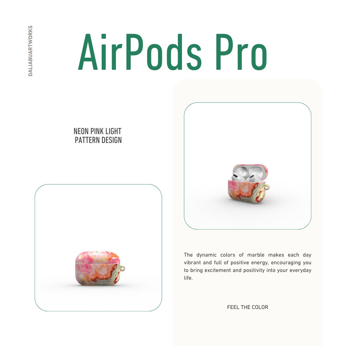 AirPods Pro tough case front view; Neon Pink Light pattern, artistic, abstract marble pattern. Light pink and green color combination. 