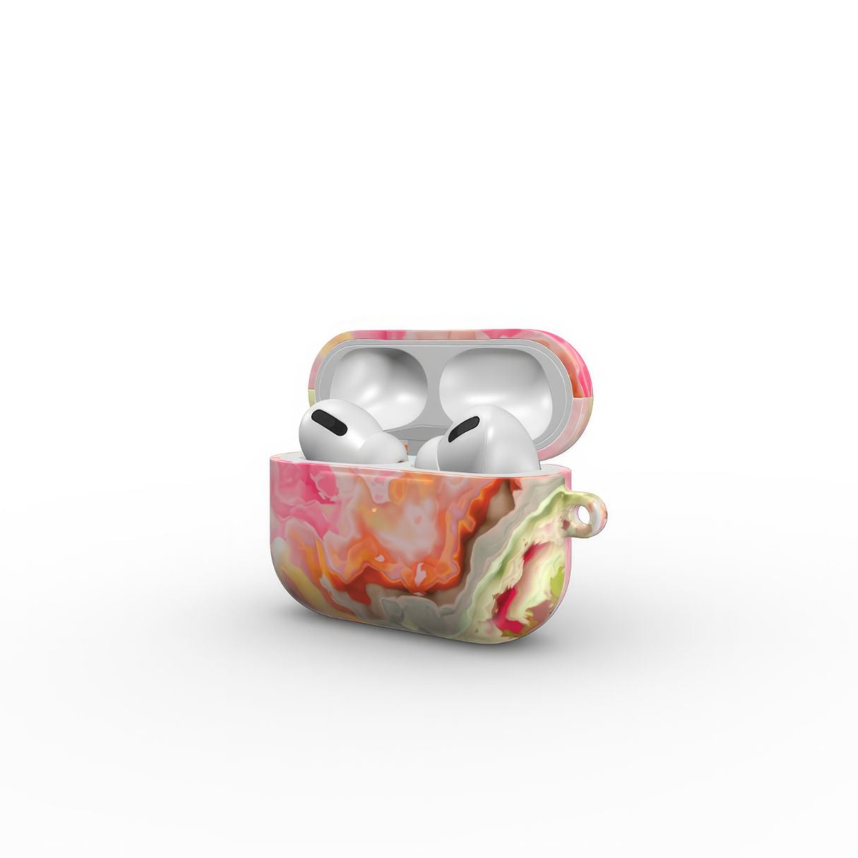 AirPods Pro tough case side open view; Neon Pink Light pattern, artistic, abstract marble pattern. Light pink and green color combination. 