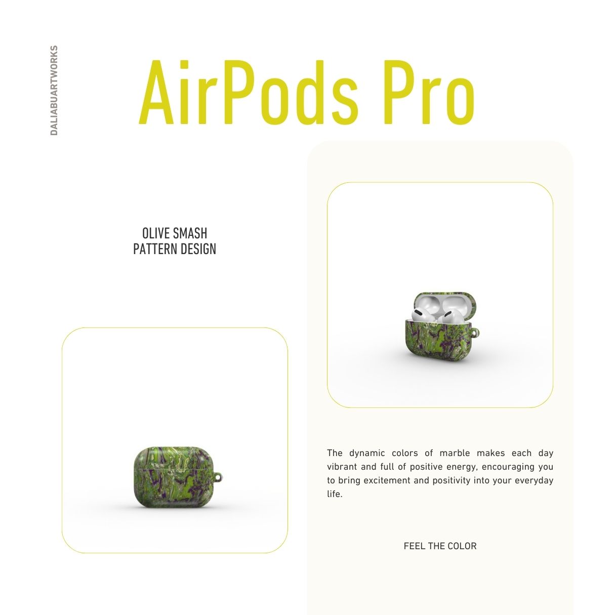 AirPods Pro case with a bold vivid pattern Olive Smash abstract and artistic style, featuring an elegant and expressive aesthetic design. Main colors are olive green and purple hues. Description.