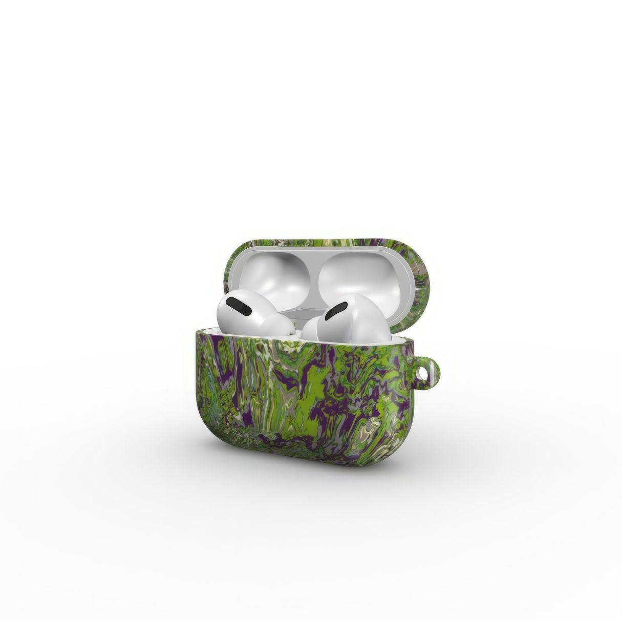 AirPods Pro case with a bold vivid pattern Olive Smash abstract and artistic style, featuring an elegant and expressive aesthetic design. Main colors are olive green and purple hues. Side open view.