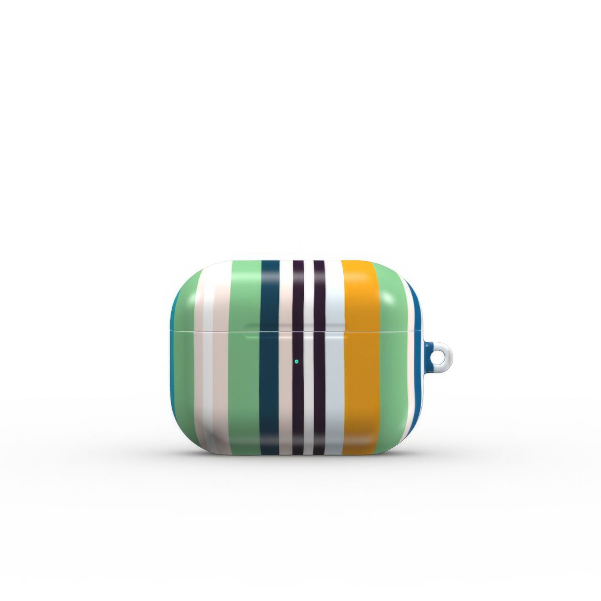 AirPods Pro case Parallel Flow Mint pattern with tiny color stripes, featuring an elegant and expressive aesthetic design. Main colors are minty sage, powder pink, navy blue and orange. Front closed view.
