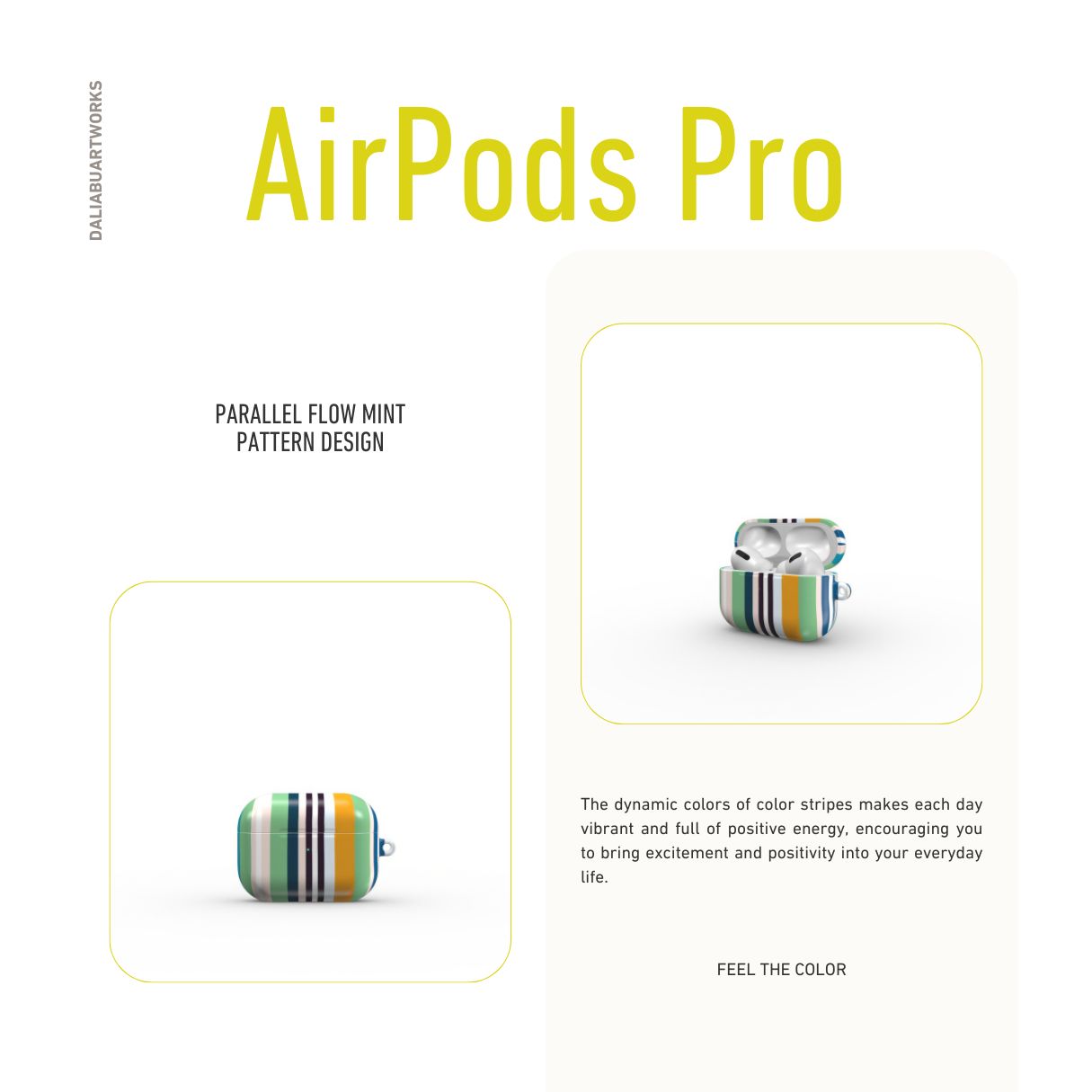 AirPods Pro case Parallel Flow Mint pattern with tiny color stripes, featuring an elegant and expressive aesthetic design. Main colors are minty sage, powder pink, navy blue and orange. Front view.