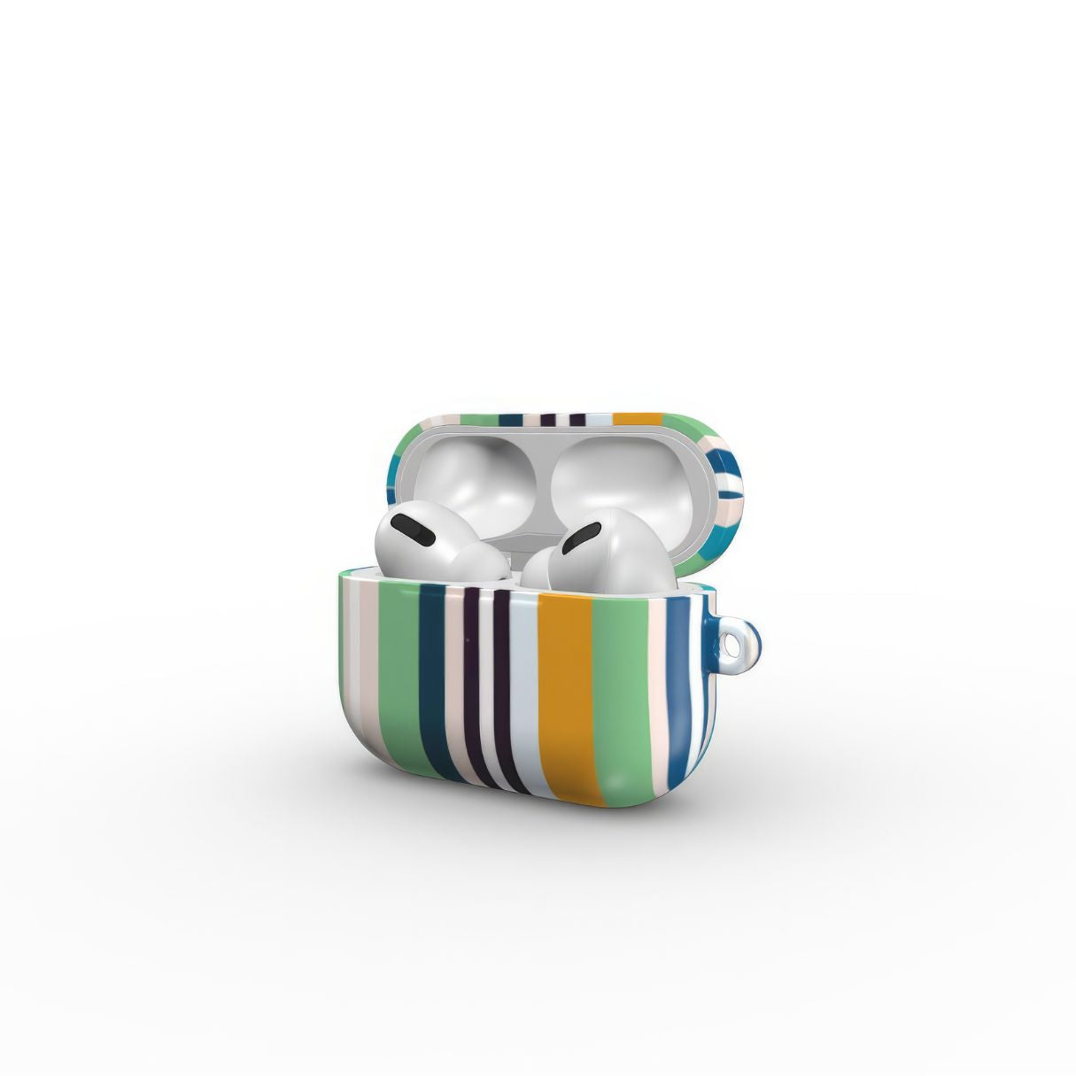 AirPods Pro case Parallel Flow Mint pattern with tiny color stripes, featuring an elegant and expressive aesthetic design. Main colors are minty sage, powder pink, navy blue and orange. Side open view.