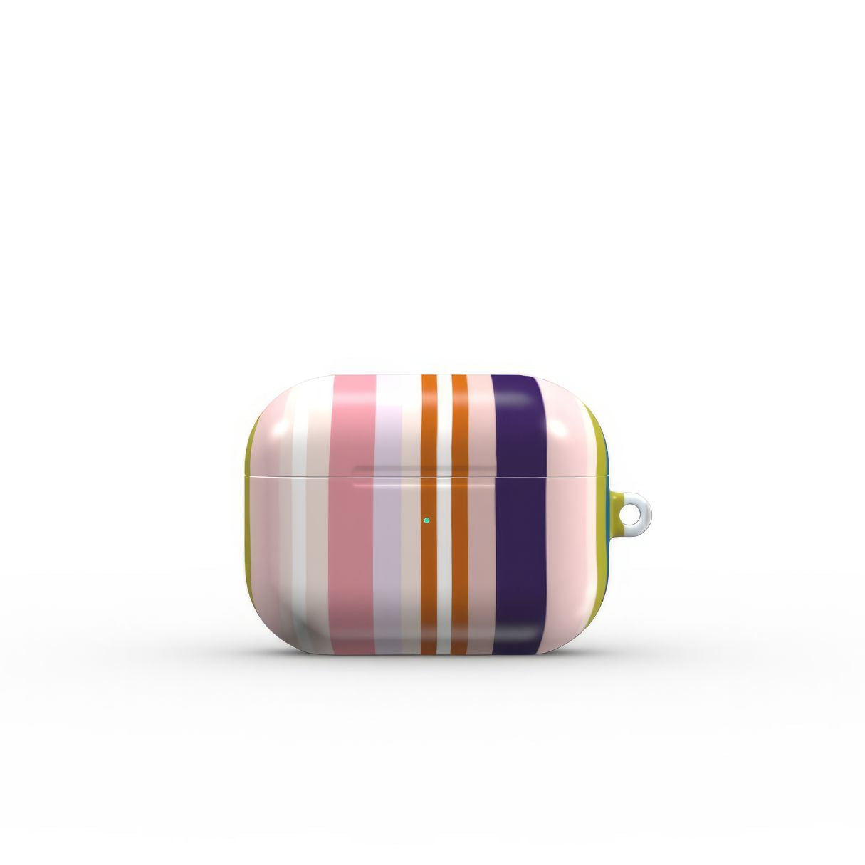 AirPods Pro tough case Parallel Flow Pink pattern with tiny color stripes, featuring an elegant and expressive aesthetic design. Main colors are pink, lilac and purple.  Front closed view.