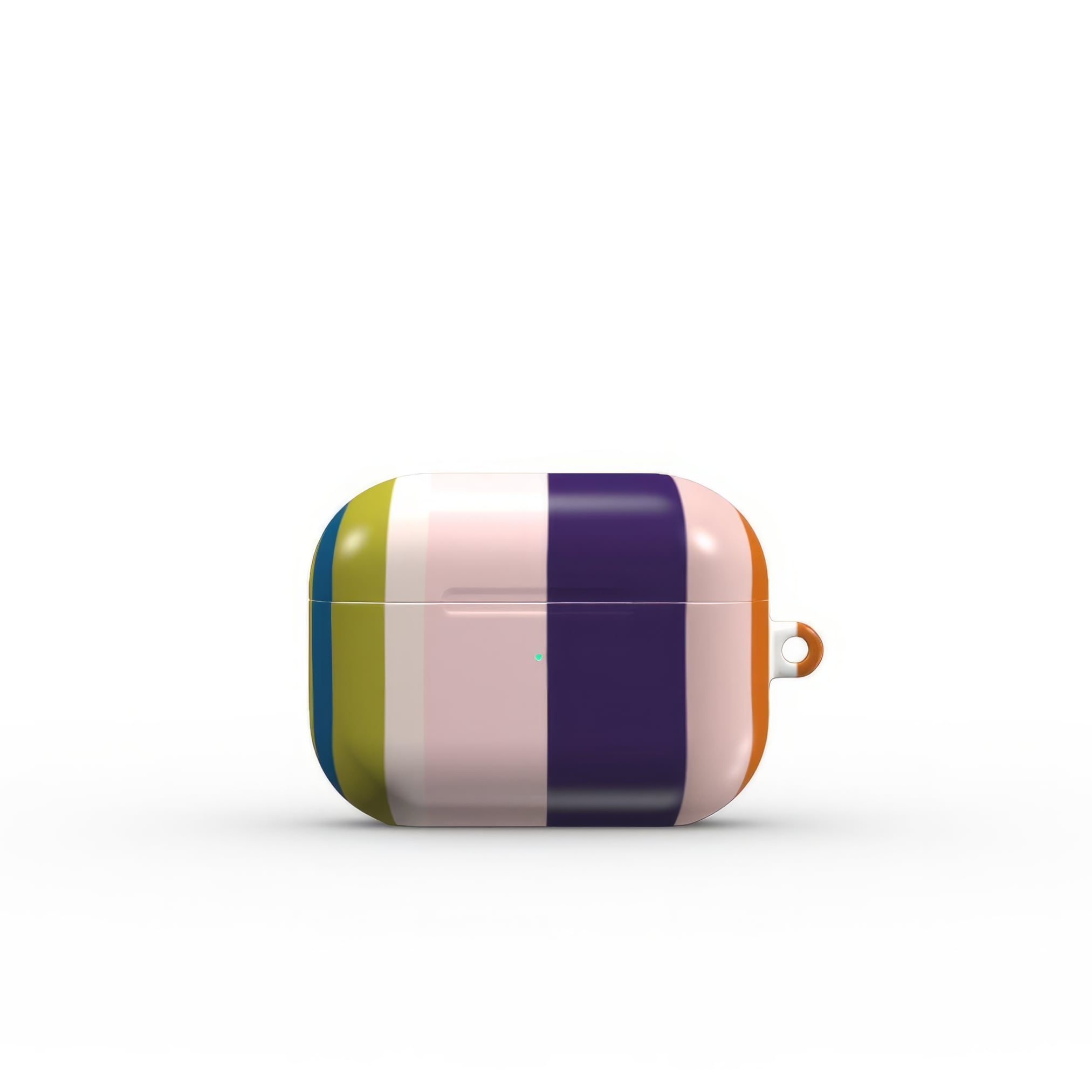 AirPods Pro tough case Parallel Flow Pink pattern with tiny color stripes, featuring an elegant and expressive aesthetic design. Main colors are pink, lilac and purple.  Front closed view.