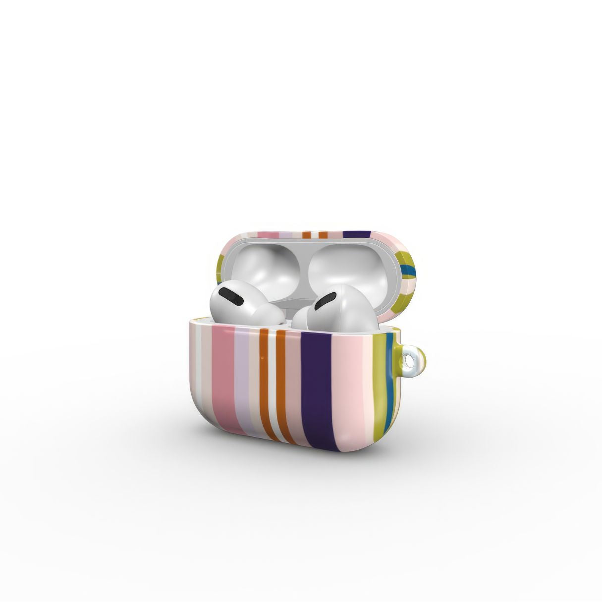 AirPods Pro tough case Parallel Flow Pink pattern with tiny color stripes, featuring an elegant and expressive aesthetic design. Main colors are pink, lilac and purple. Side opened view.
