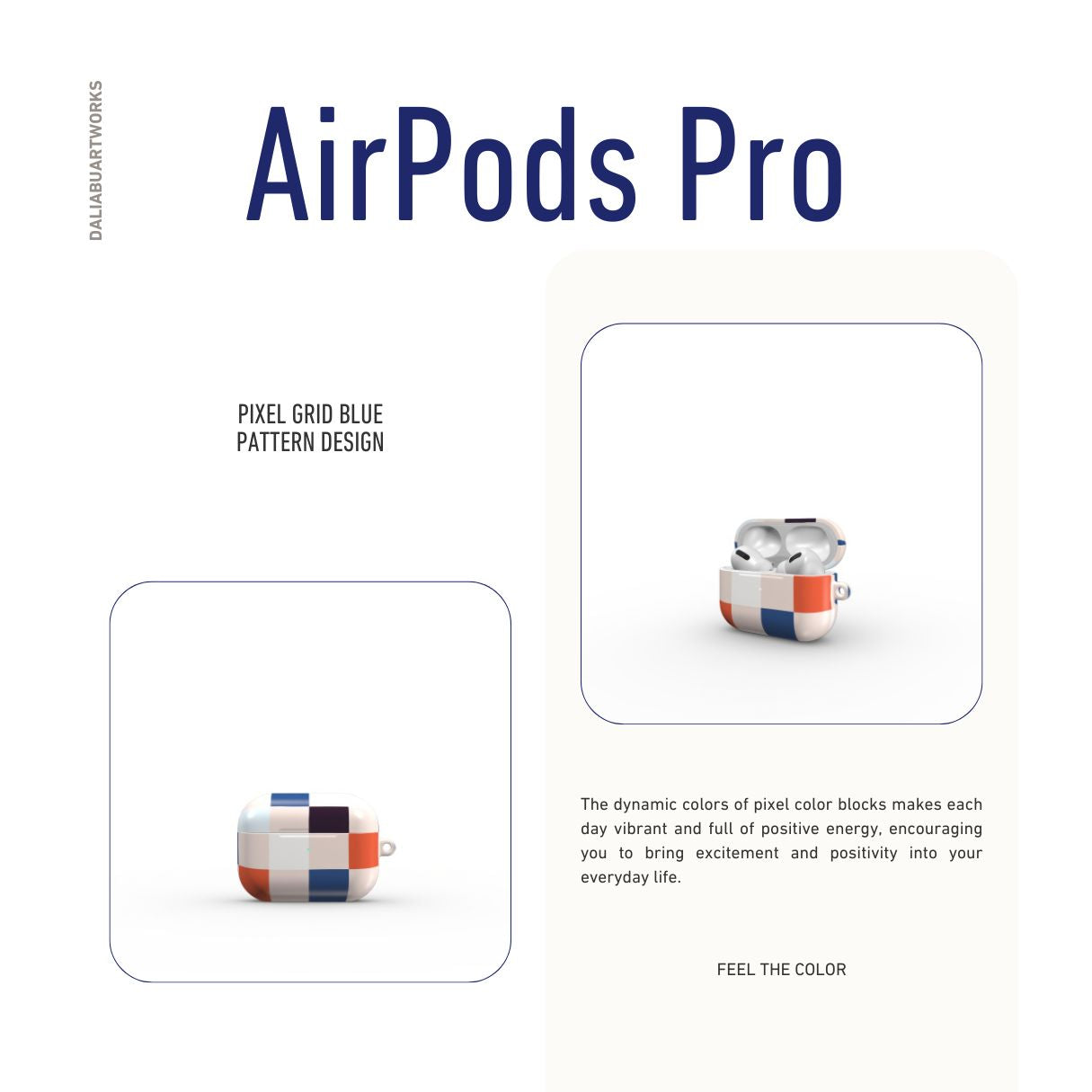 AirPods Pro ultra thin hard shell tough case Pixel Grid Blue pattern design with a bold color blocks in pixel and stripes modern style, featuring an elegant and expressive aesthetic design. Main colors are pink, navy, orange red and light sky blue. Front view.