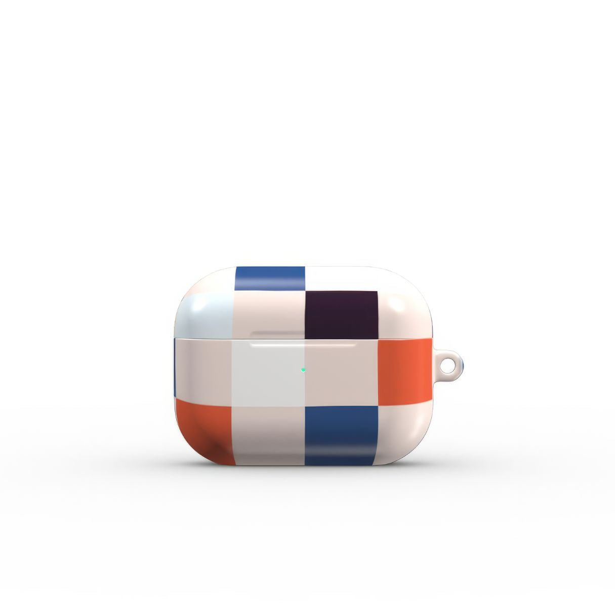 AirPods Pro ultra thin hard shell tough case Pixel Grid Blue pattern design with a bold color blocks in pixel and stripes modern style, featuring an elegant and expressive aesthetic design. Main colors are pink, navy, orange red and light sky blue. Closed front view.