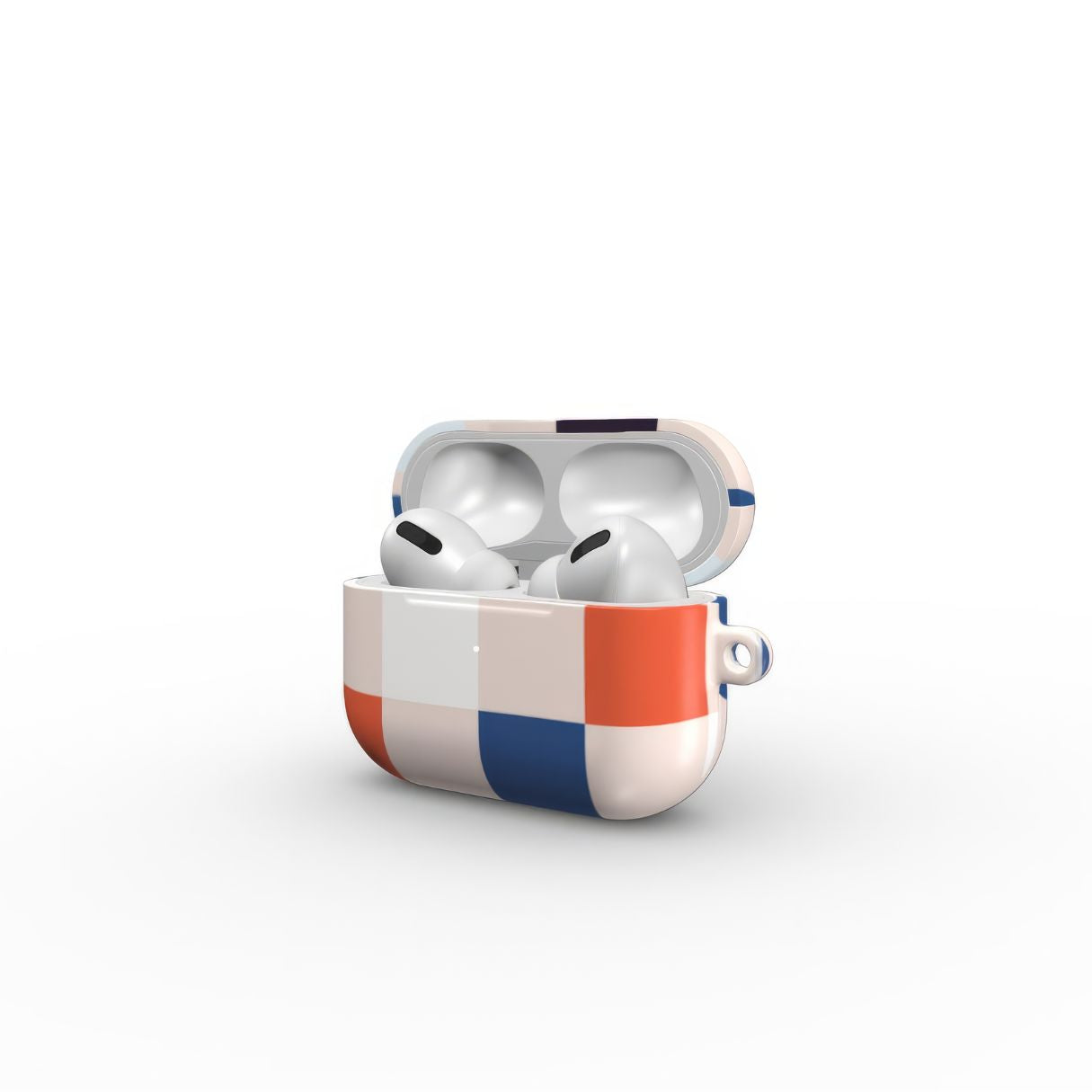AirPods Pro ultra thin hard shell tough case Pixel Grid Blue pattern design with a bold color blocks in pixel and stripes modern style, featuring an elegant and expressive aesthetic design. Main colors are pink, navy, orange red and light sky blue. Open side view.