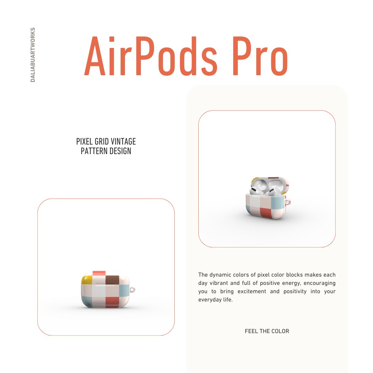 AirPods Pro tough case Pixel Grid Vintage pattern design with a bold color blocks in pixel and stripes modern style, featuring an elegant and expressive aesthetic design. Main colors are pastel with pink, brown, muted red and light sky blue. Front view.