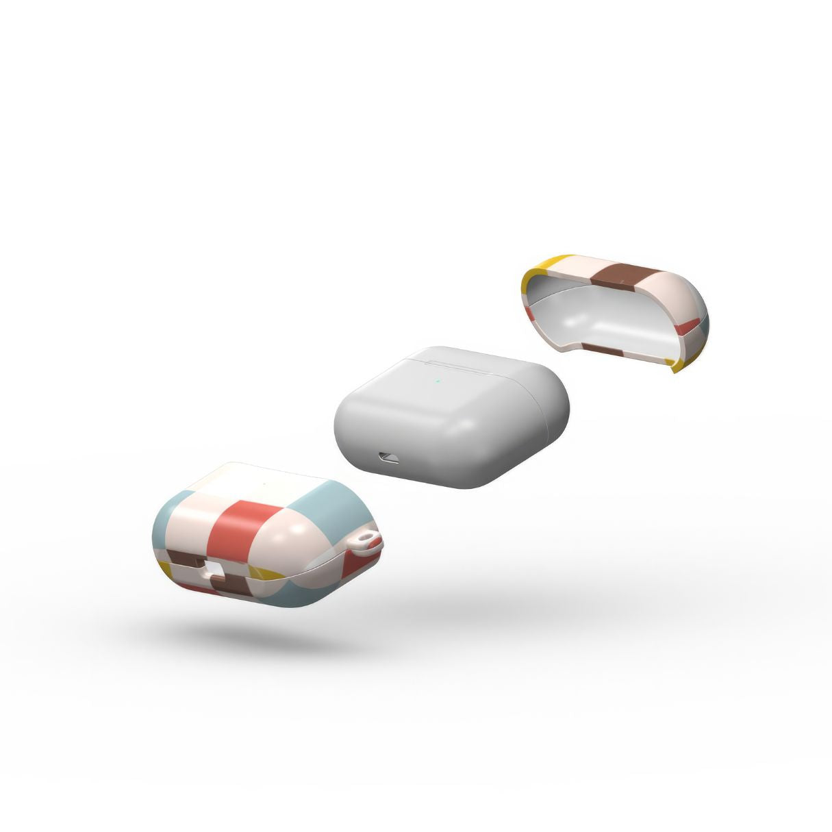AirPods Pro tough case Pixel Grid Vintage pattern design with a bold color blocks in pixel and stripes modern style, featuring an elegant and expressive aesthetic design. Main colors are pastel with pink, brown, muted red and light sky blue. Extend view.