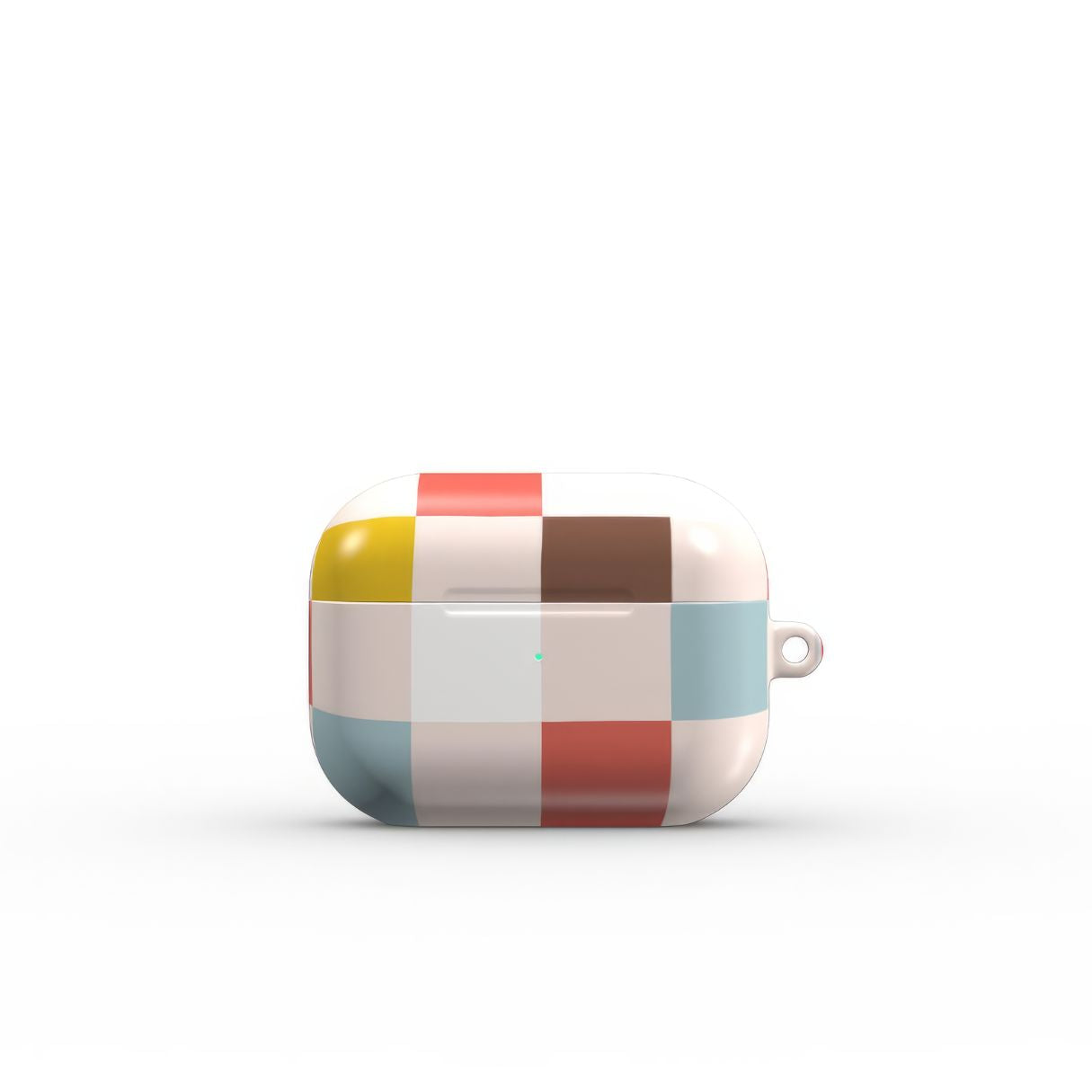 AirPods Pro tough case Pixel Grid Vintage pattern design with a bold color blocks in pixel and stripes modern style, featuring an elegant and expressive aesthetic design. Main colors are pastel with pink, brown, muted red and light sky blue. Closed front view.