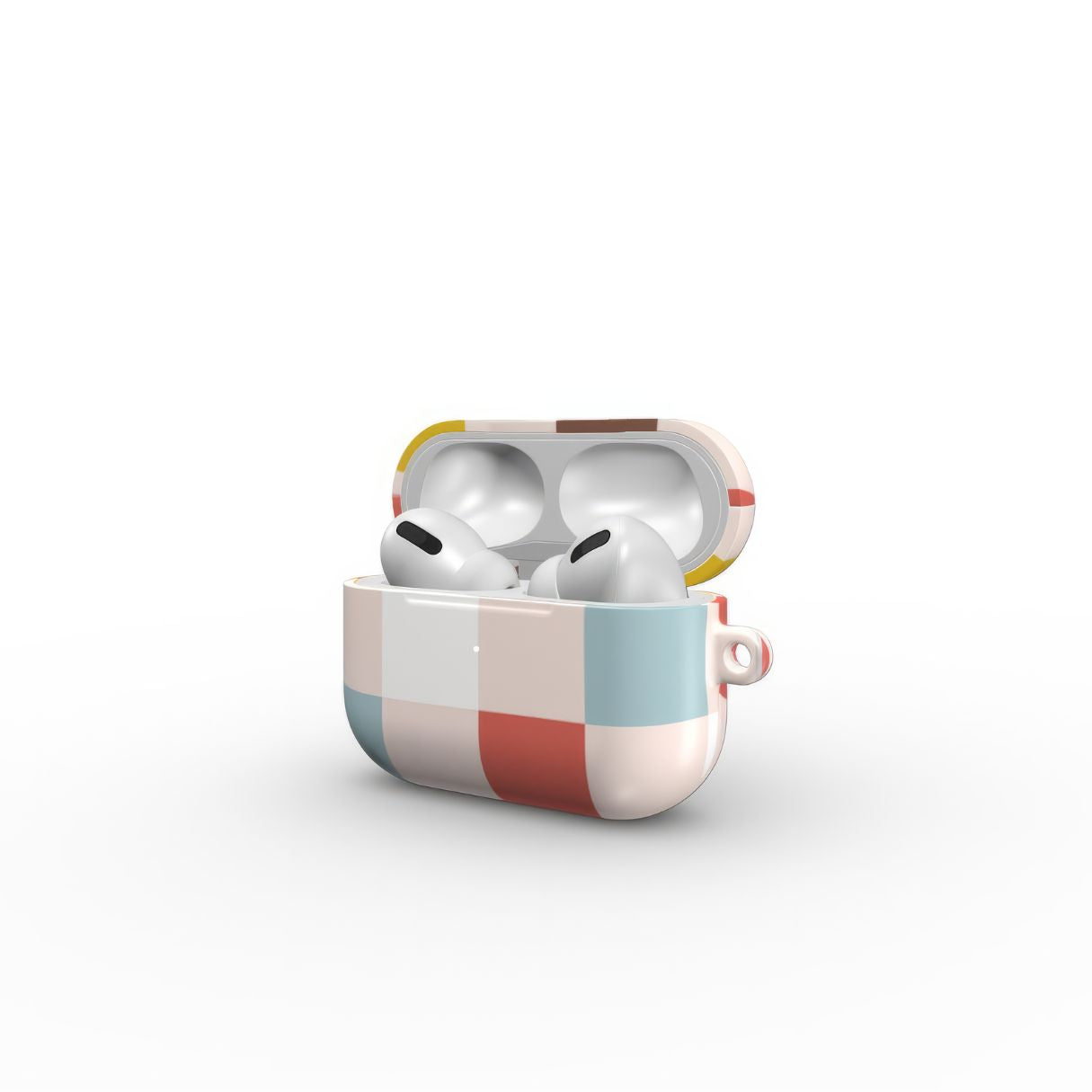 AirPods Pro tough case Pixel Grid Vintage pattern design with a bold color blocks in pixel and stripes modern style, featuring an elegant and expressive aesthetic design. Main colors are pastel with pink, brown, muted red and light sky blue. Open side view.