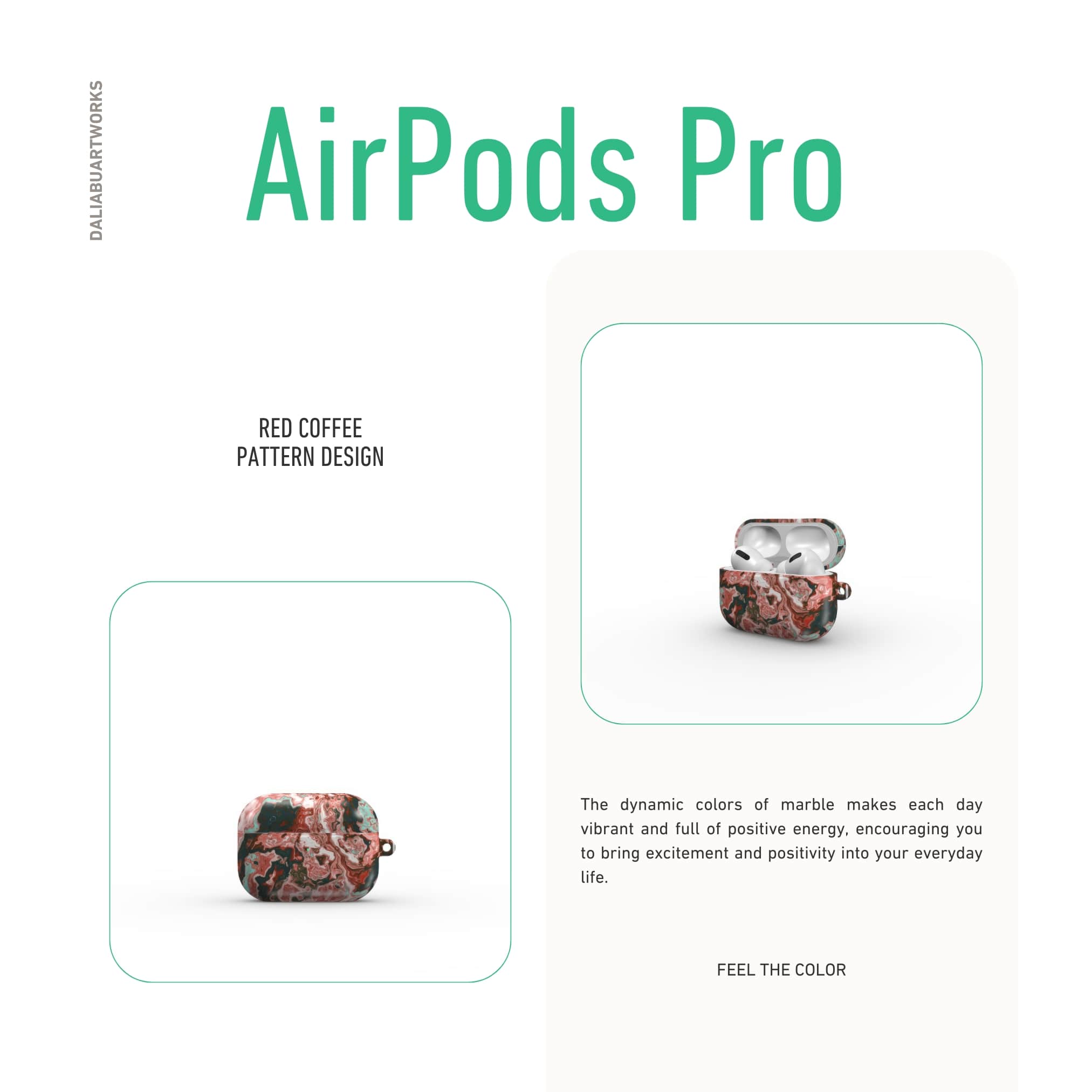 AirPods Pro tough case front view; Red Coffee pattern, artistic, abstract marble pattern. red and light blue color combination.
