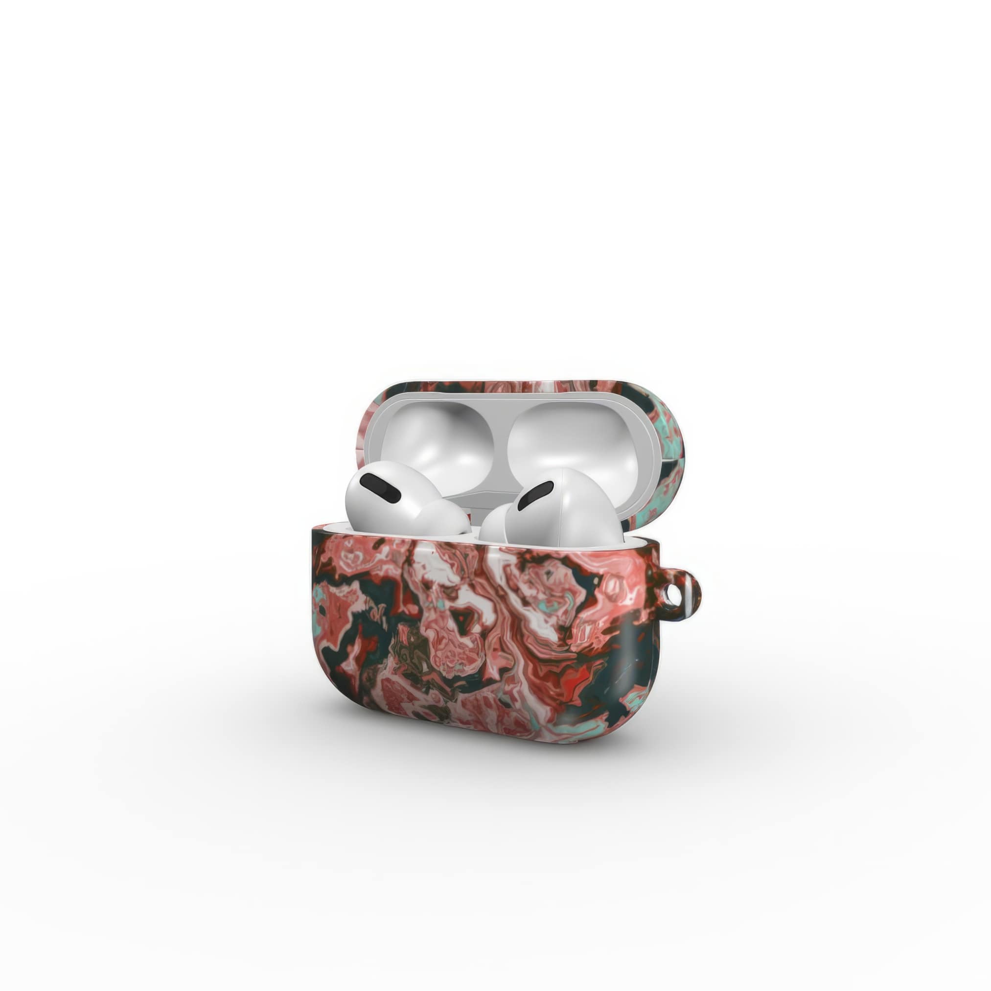 AirPods Pro tough case side open view; Red Coffee pattern, artistic, abstract marble pattern. red and light blue color combination.