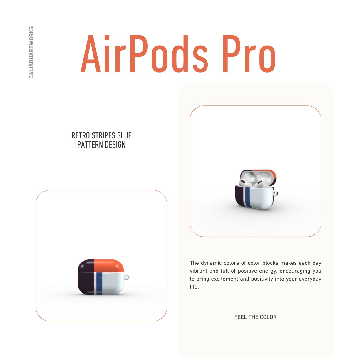 Apple AirPods Pro tough case Retro Stripes Blue pattern design with a bold color blocks in vintage, mid century modern style, featuring an elegant and expressive aesthetic design. Main colors are deep purple, navy, light blue and orange red. Front view.