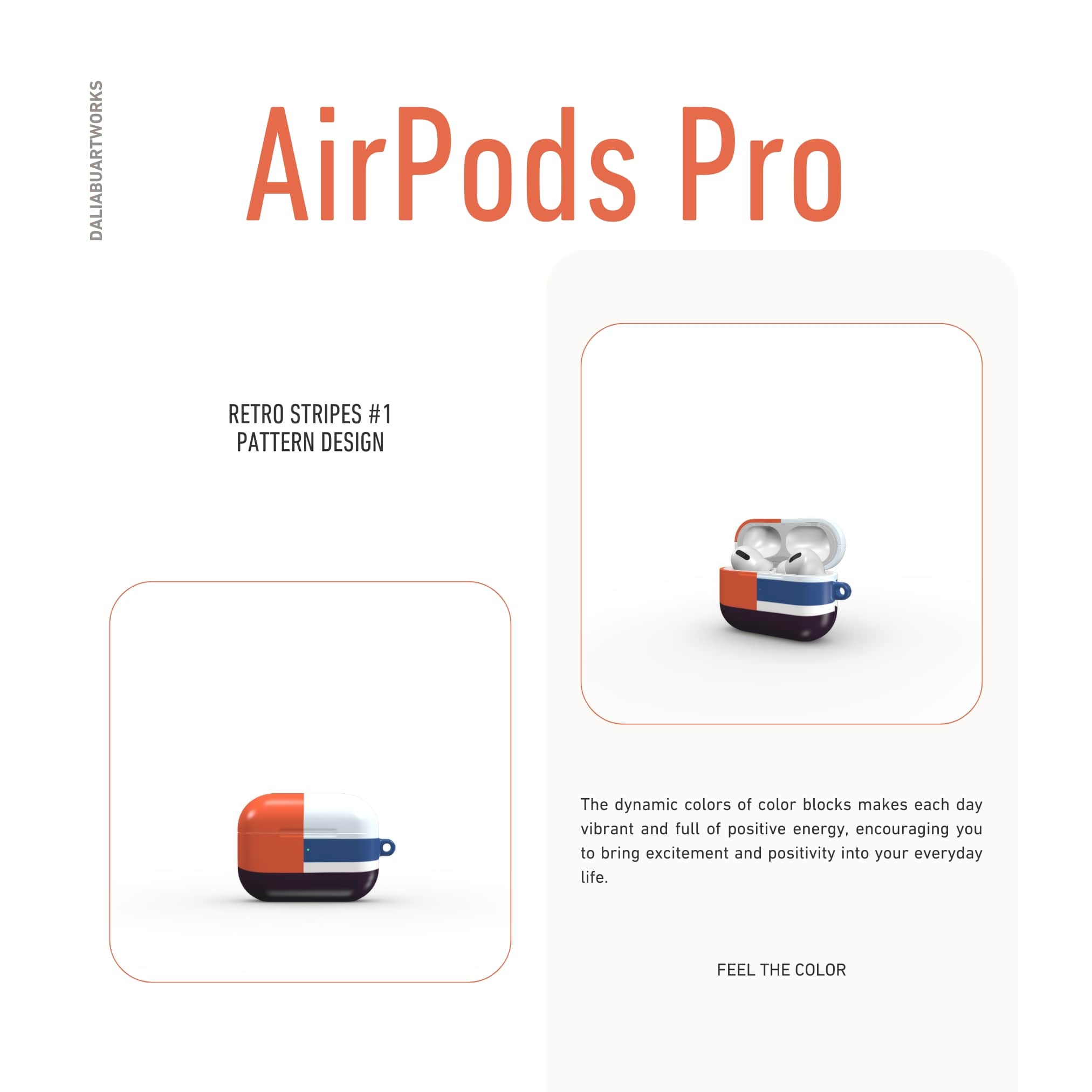 Apple AirPods Pro tough case Retro Stripes Blue pattern design with a bold color blocks in vintage, mid century modern style, featuring an elegant and expressive aesthetic design. Main colors are deep purple, navy, light blue and orange red. Front view.